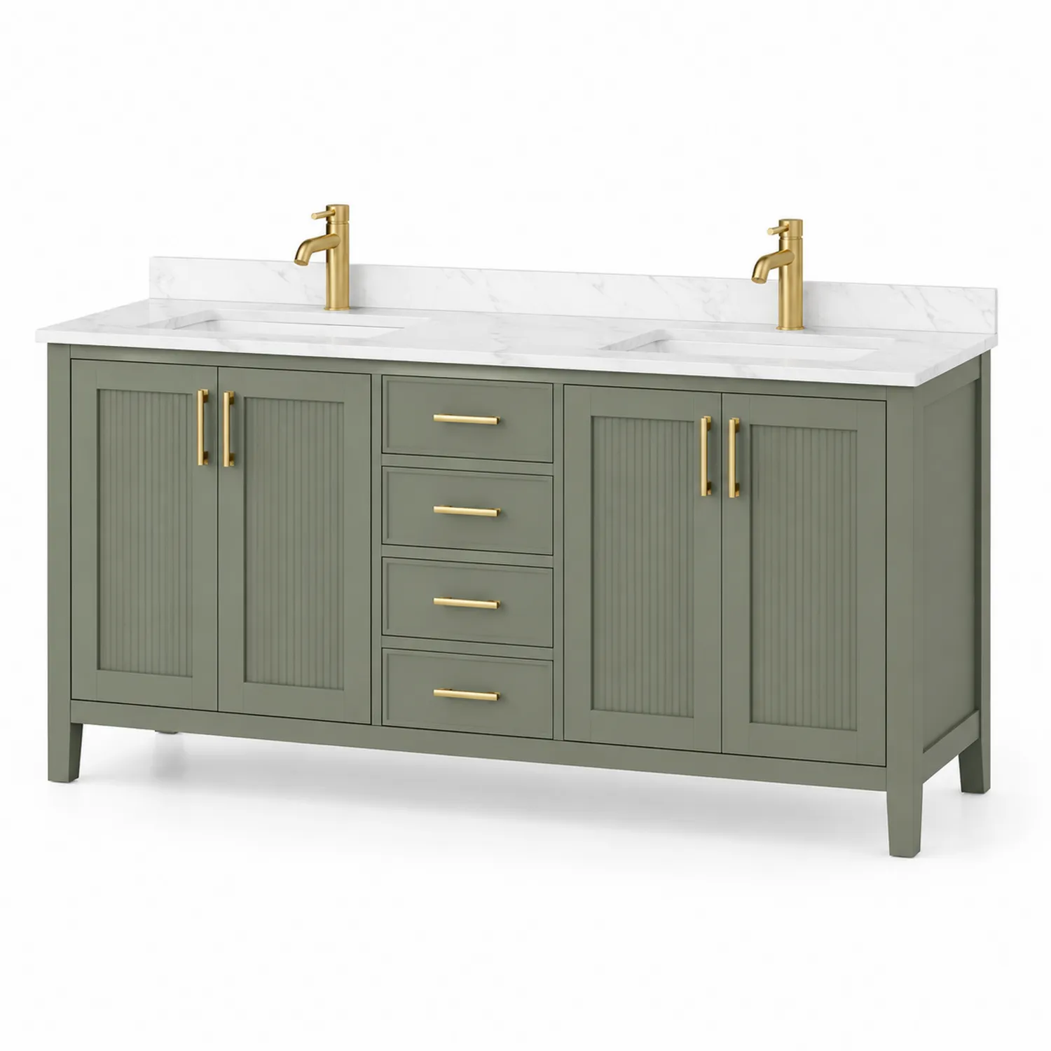 Meuble-lavabo double en bois avec vasque en marbre et robinetterie dorée, Vert, 160 cm-rivviorae