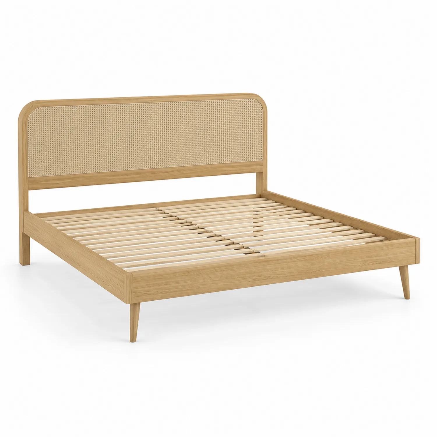 Lit double en bois avec tête de lit en rotin chêne clair 200x160 cm-rivviorae