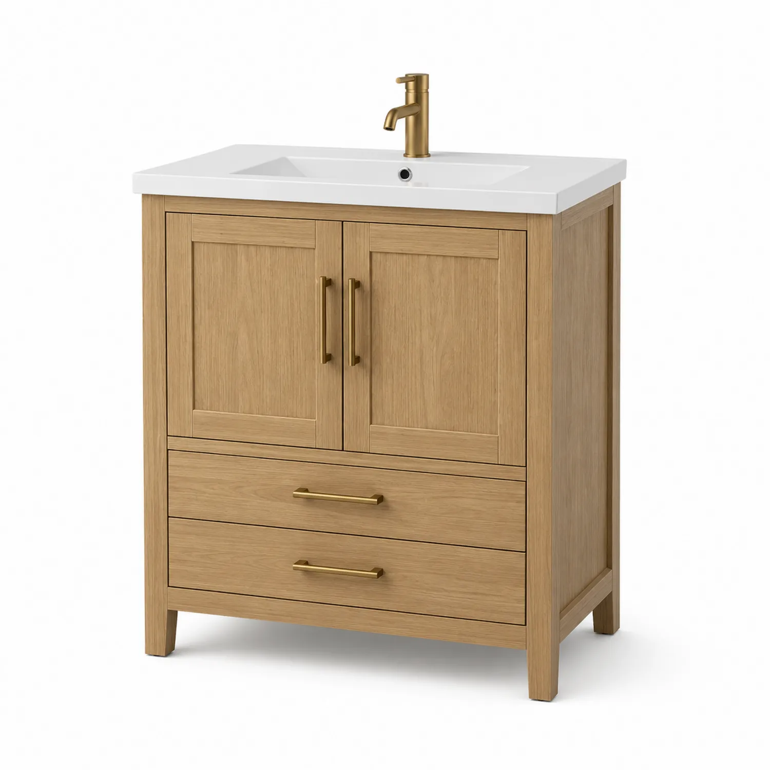 Meuble-lavabo en bois de chêne et céramique blanc avec robinet doré 60 cm-rivviorae