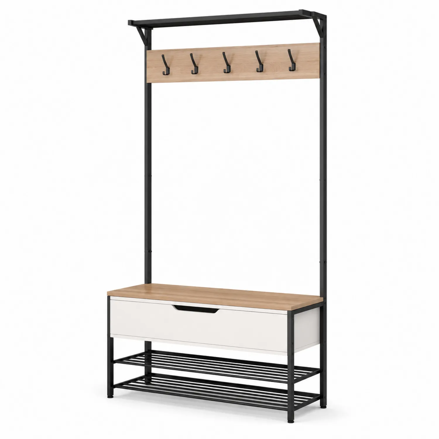 Portemanteau en métal et bois avec banc de rangement-rivviorae