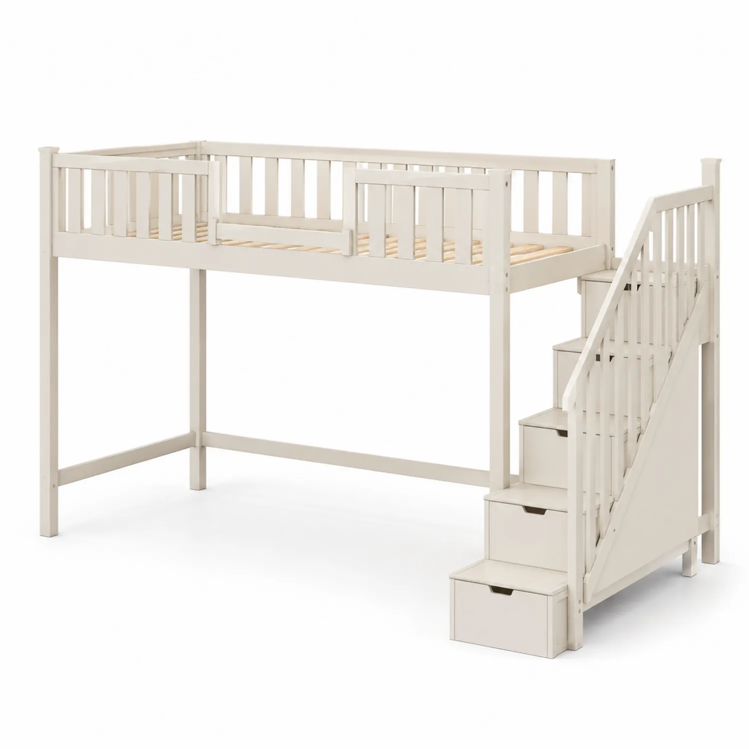 Lit mezzanine blanc en bois avec rangement intégré-rivviorae