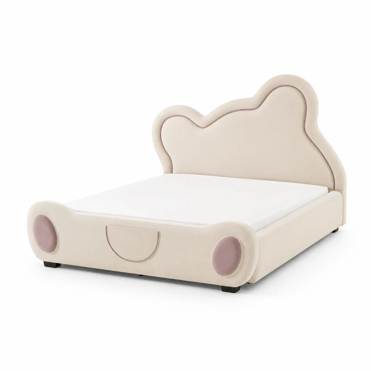 Lit enfant en bois et velours beige avec tête de lit ours
