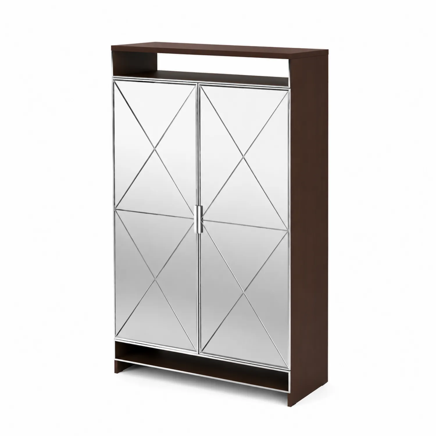 Armoire à chaussures en bois brun avec portes en verre miroir