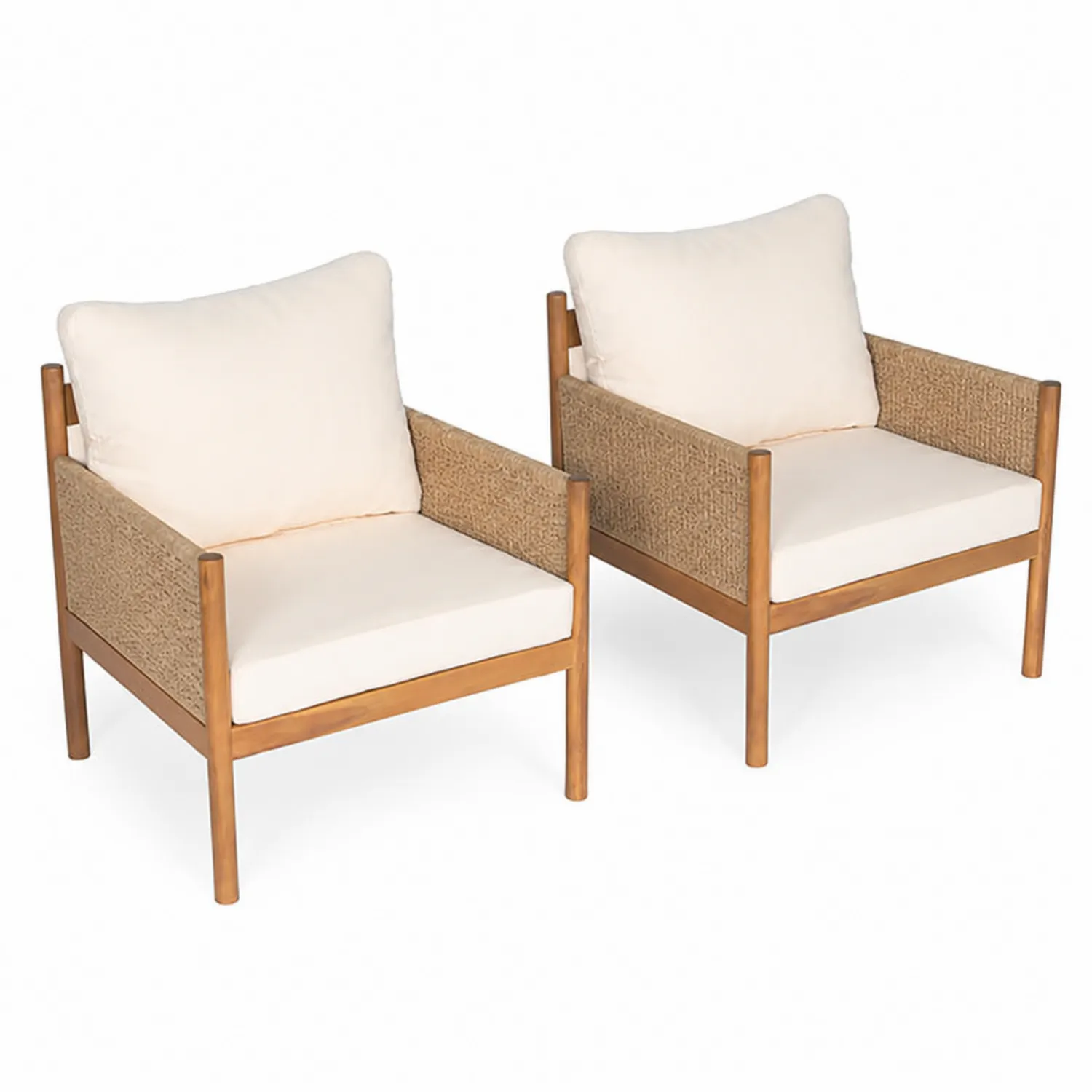 Ensemble de 2 fauteuils en bois avec corde et coussins crème