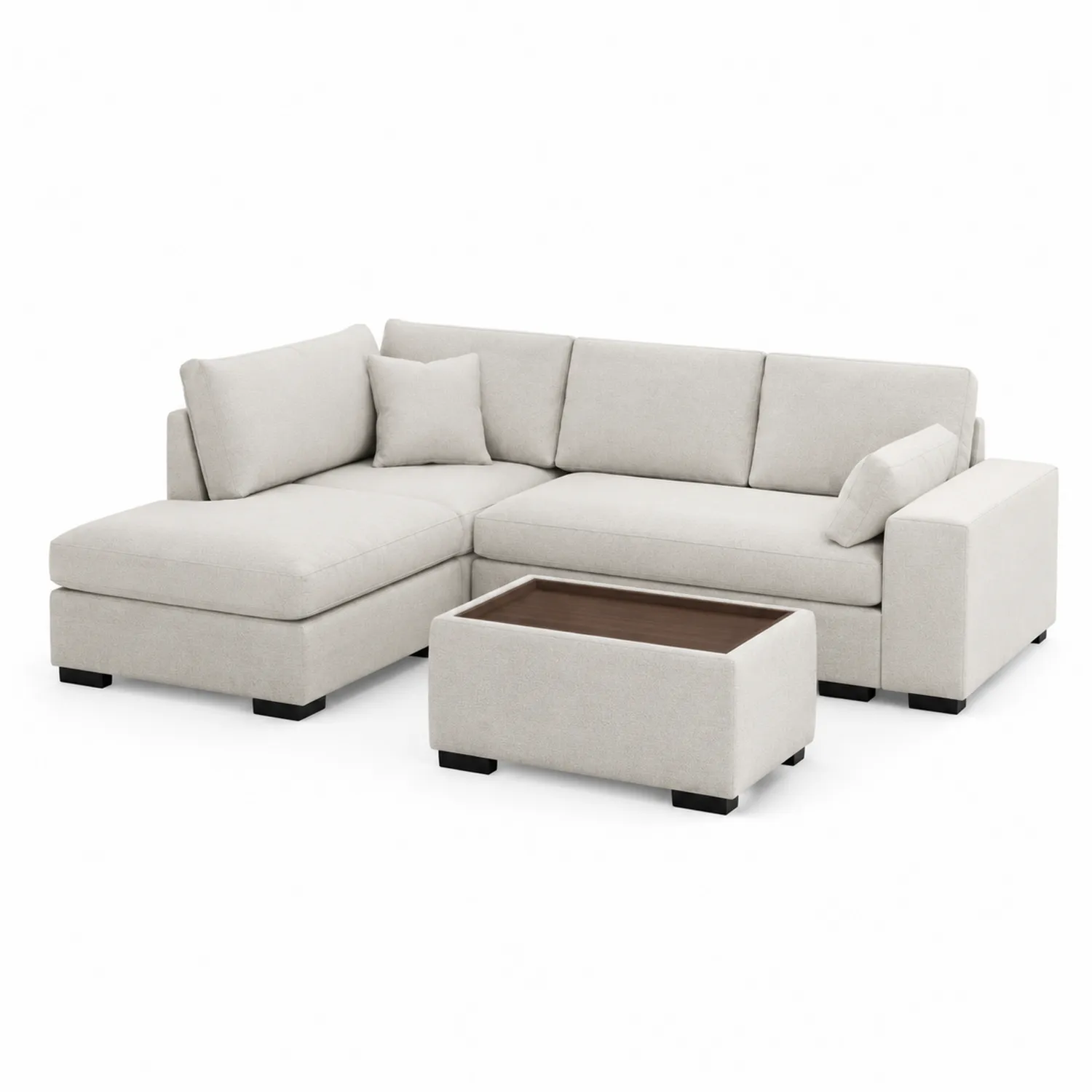 Canapé modulable en L tissu lin avec pouf intégré