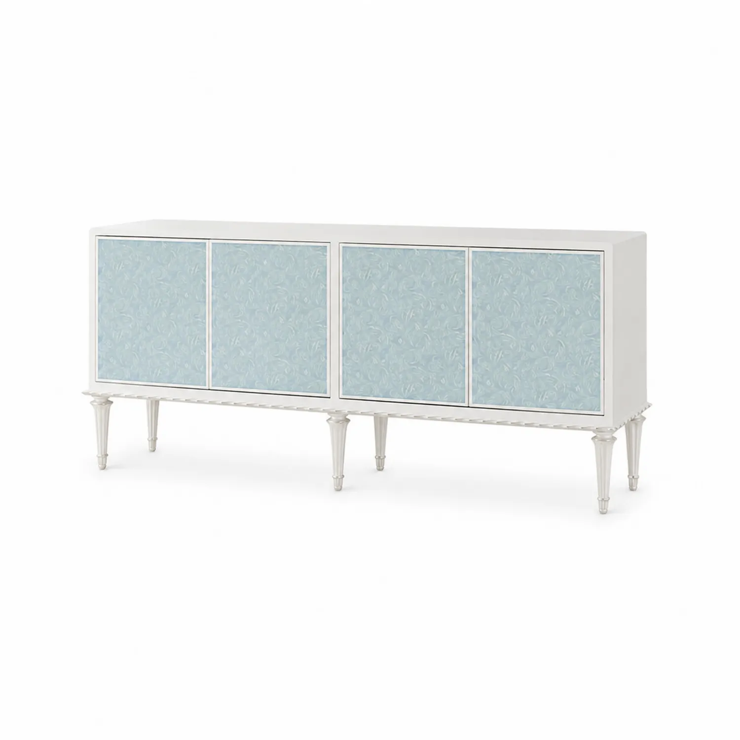 Buffet 4 portes en bois MDF Blanc avec panneaux décoratifs Bleu