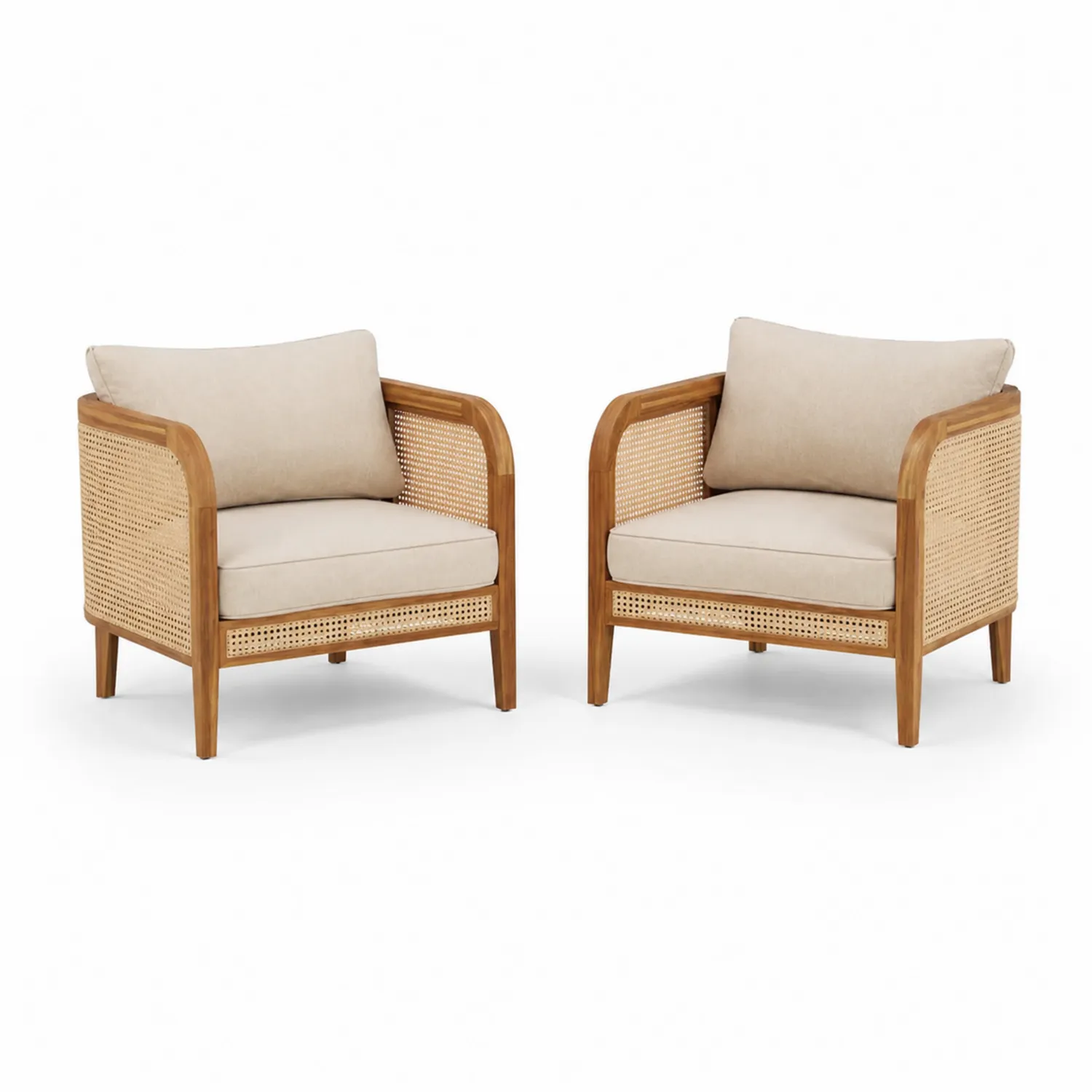 Lot de 2 fauteuils en bois et osier avec coussins en tissu beige