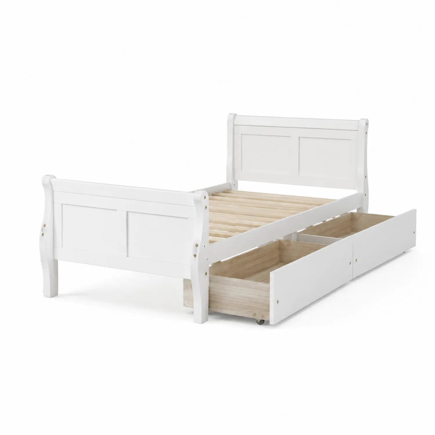Lit en bois blanc avec tiroirs de rangement et lattes