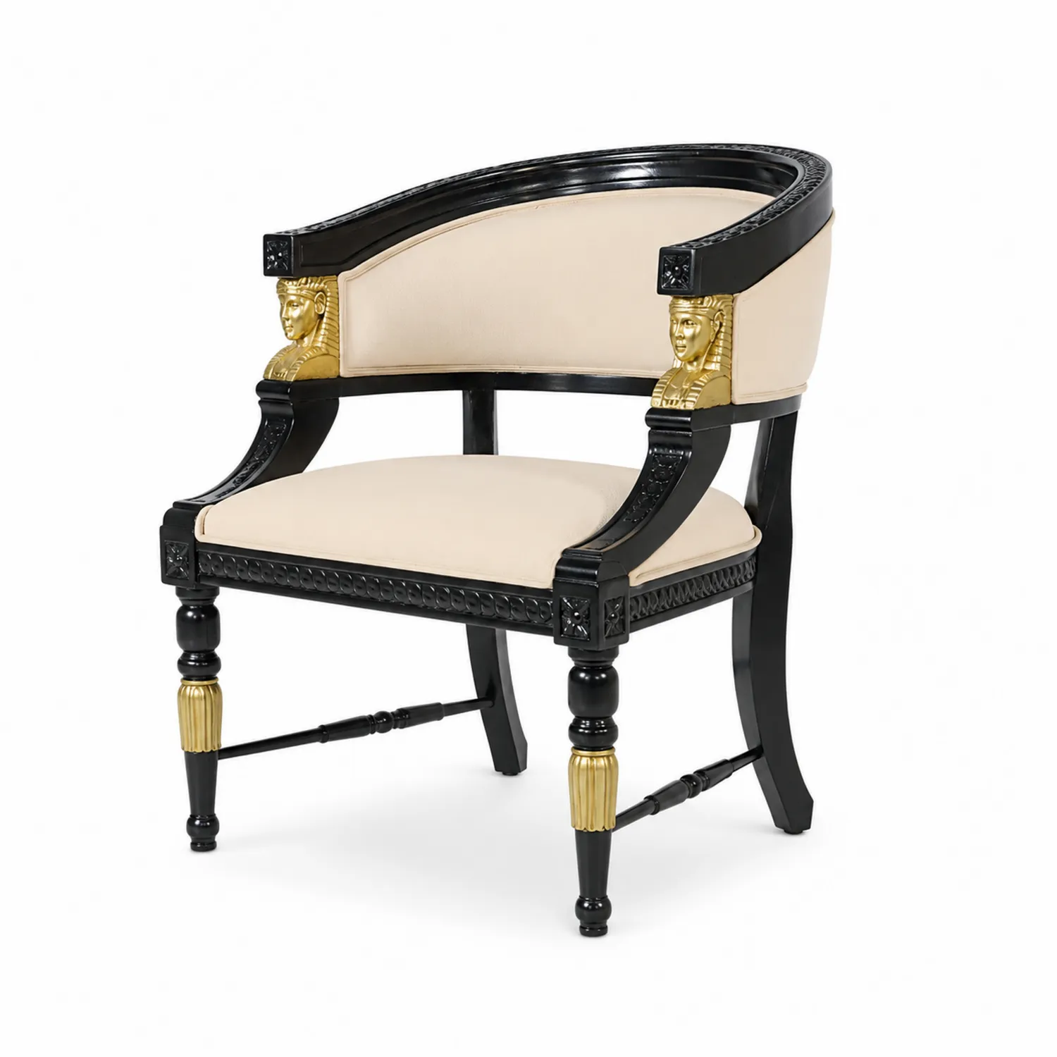 Fauteuil en Bois Noir et Doré avec Revêtement en Tissu Beige