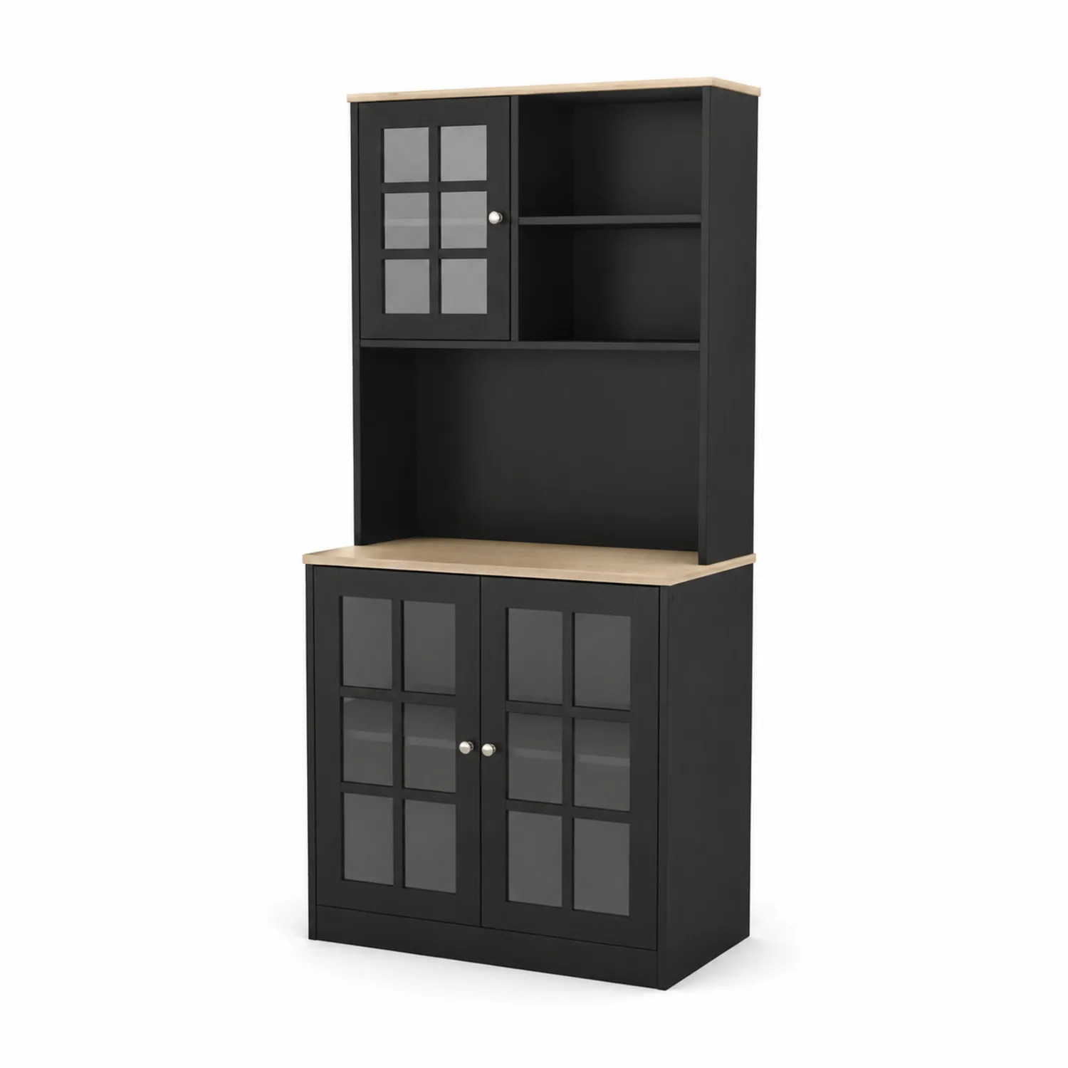 Buffet vaisselier bois et verre trempé Noir/Naturel 180 cm