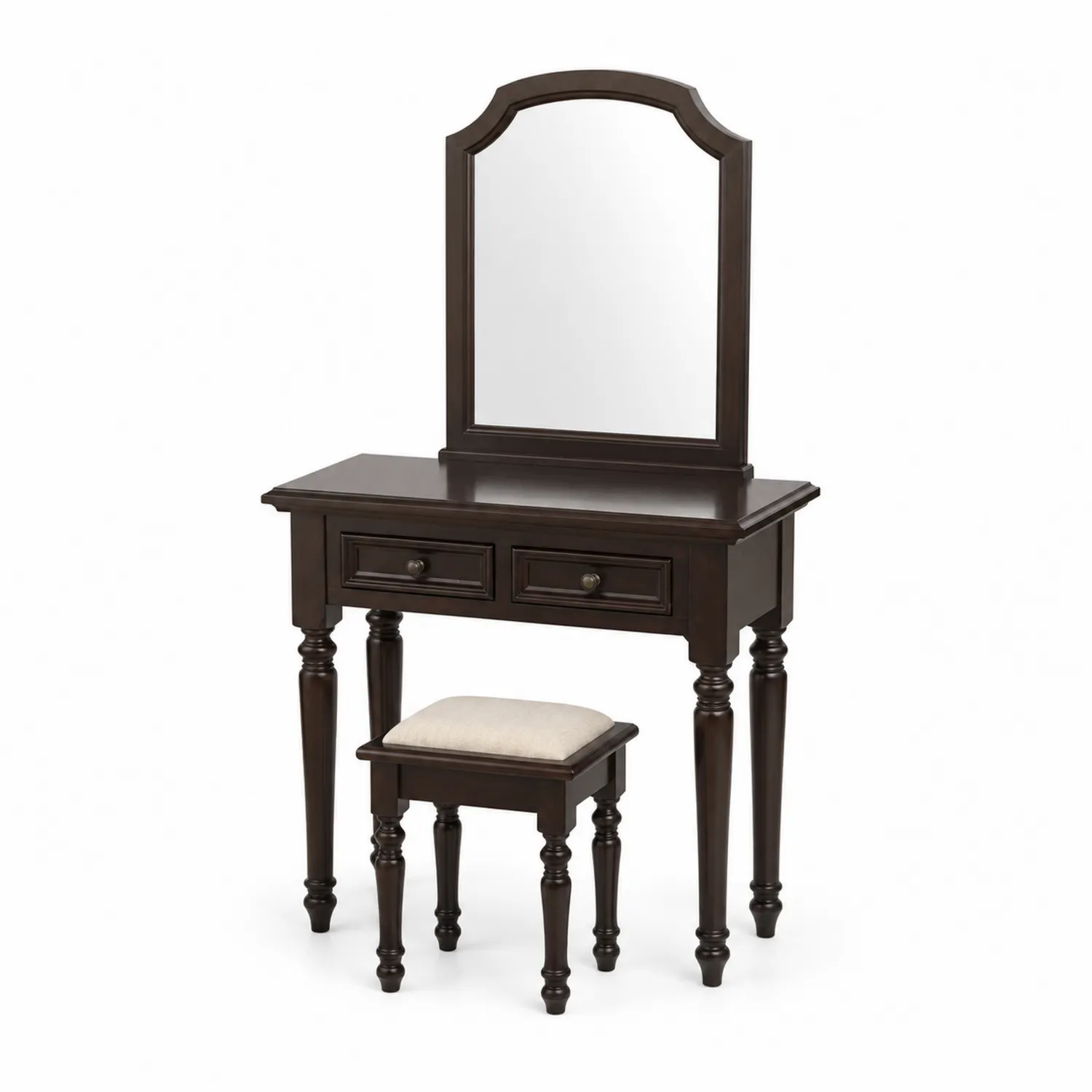 Coiffeuse en bois brun avec miroir et tabouret