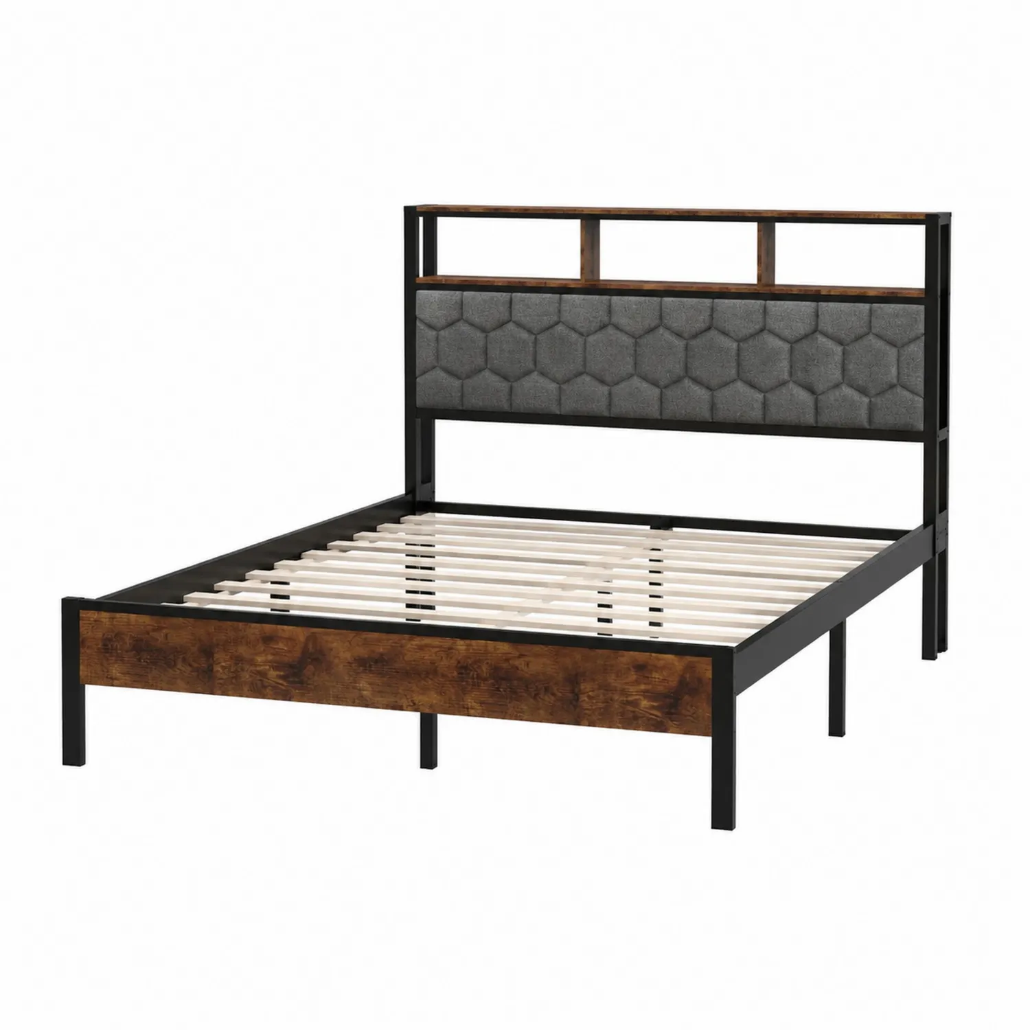 Lit en métal et bois avec tête de lit en tissu capitonné gris