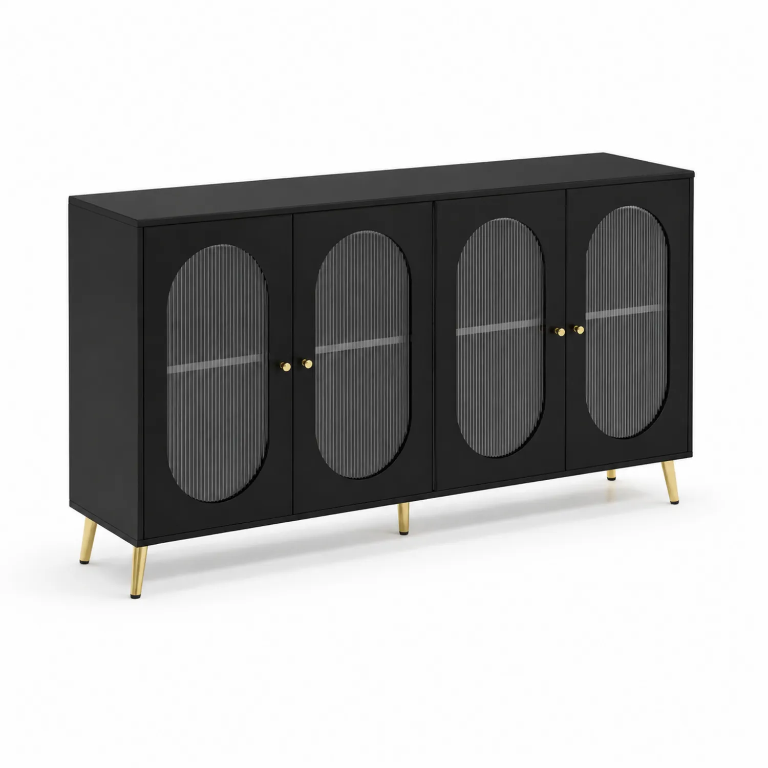 Buffet noir en bois avec portes en verre trempé et pieds en acier