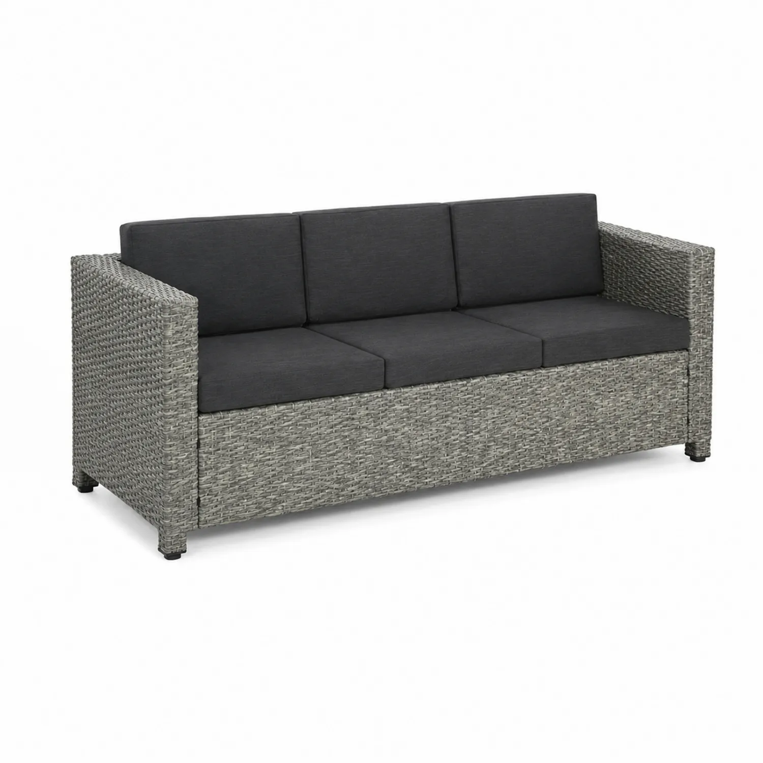 Canapé de jardin 3 places en osier avec coussins en polyester gris