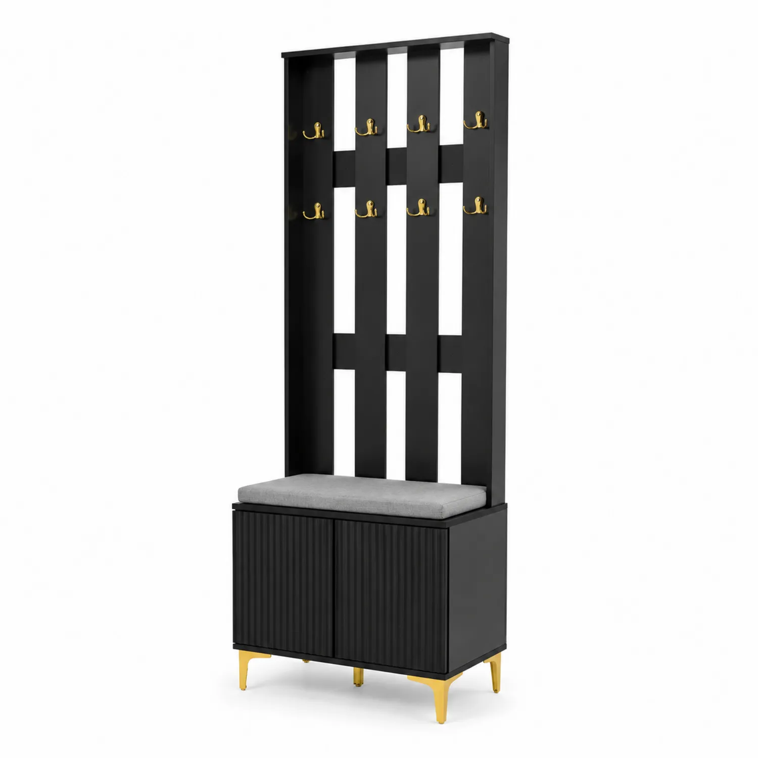 Portemanteau en bois noir avec banc et crochets dorés
