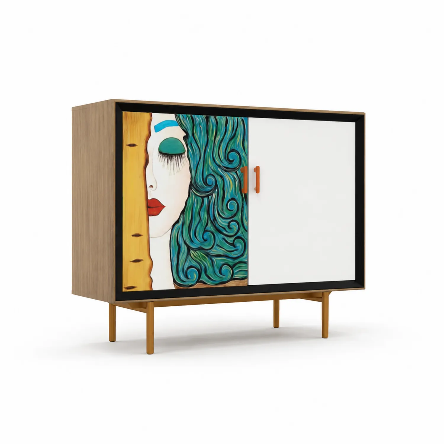 Buffet en bois avec portes coulissantes illustrées