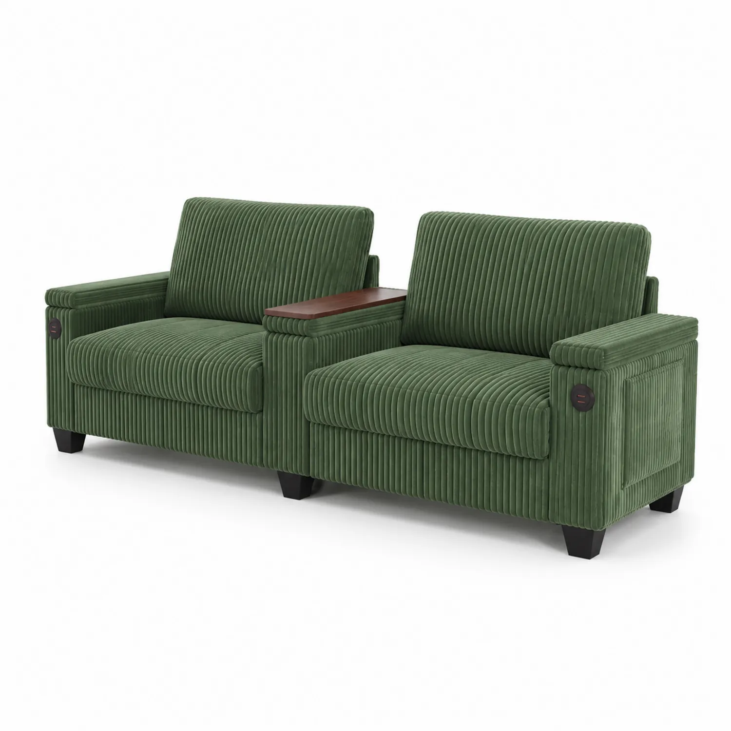 Podwójna sofa z weluru z drewnianym podłokietnikiem i sterowaniem elektronicznym