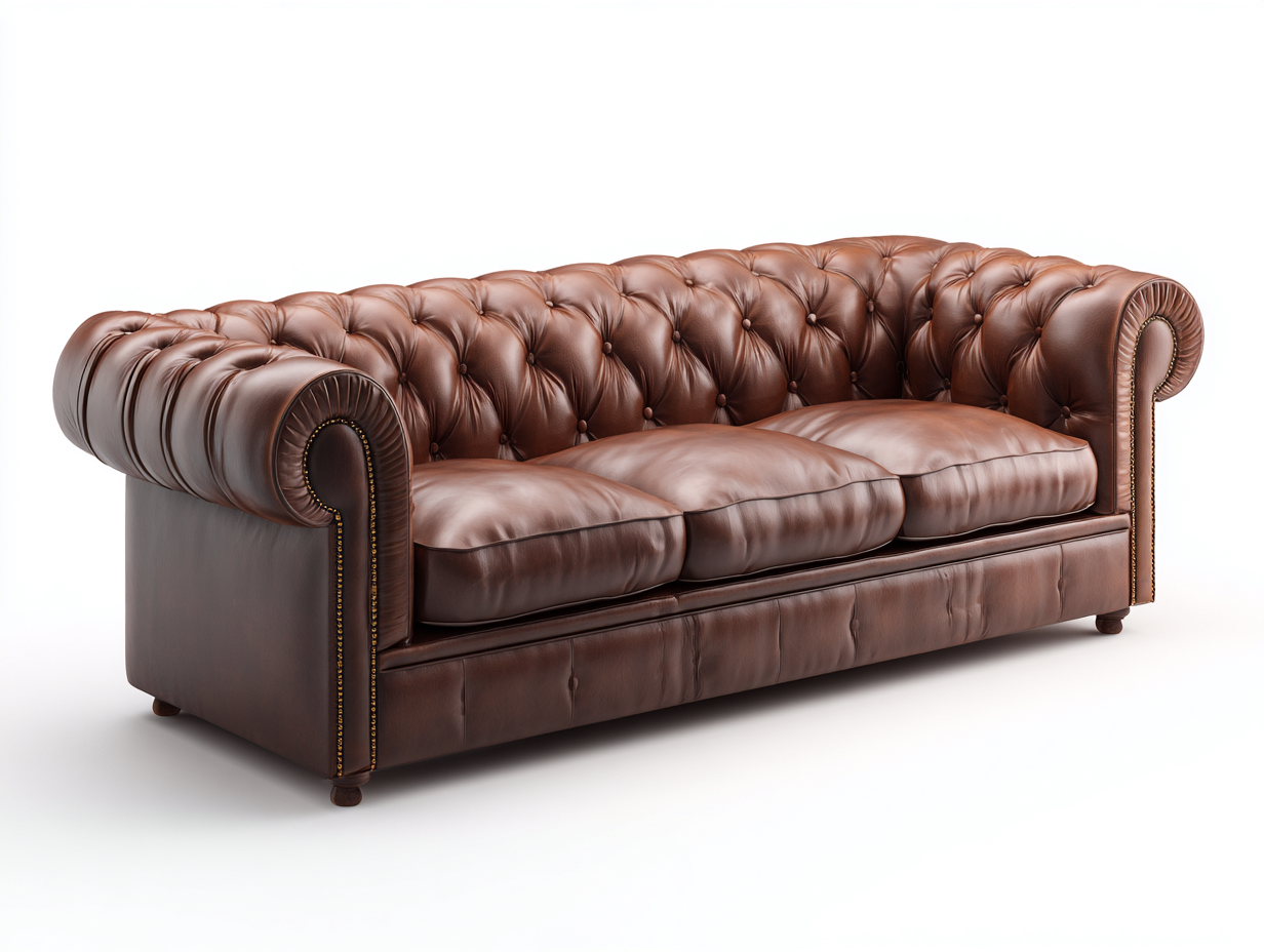 Sofás lineales tapizado en cuero con diseño capitoné y brazos enrollados 220x90x80 cm - marrón - estilo clásico para salón-Zinoryinterior