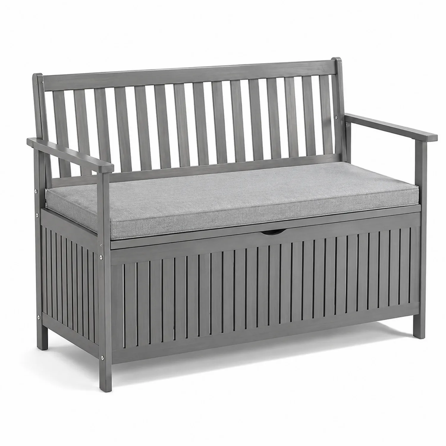 Banco de madera de acacia con almacenamiento y cojín gris