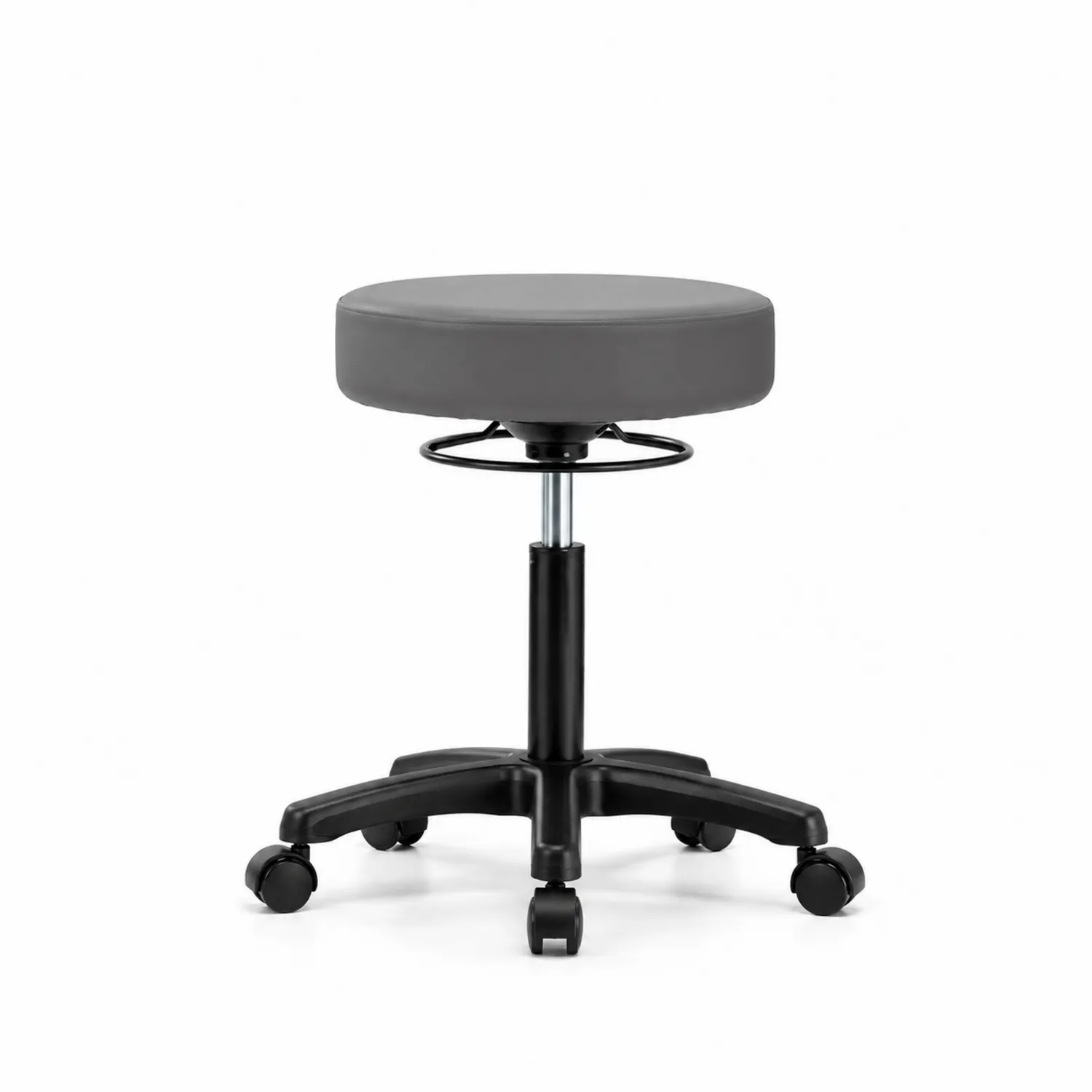 Taburete ajustable con ruedas y asiento de cuero sintético gris