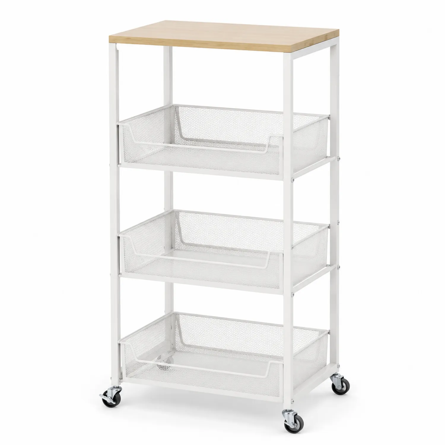 Carrito de cocina de metal con estantes de malla y superficie de madera