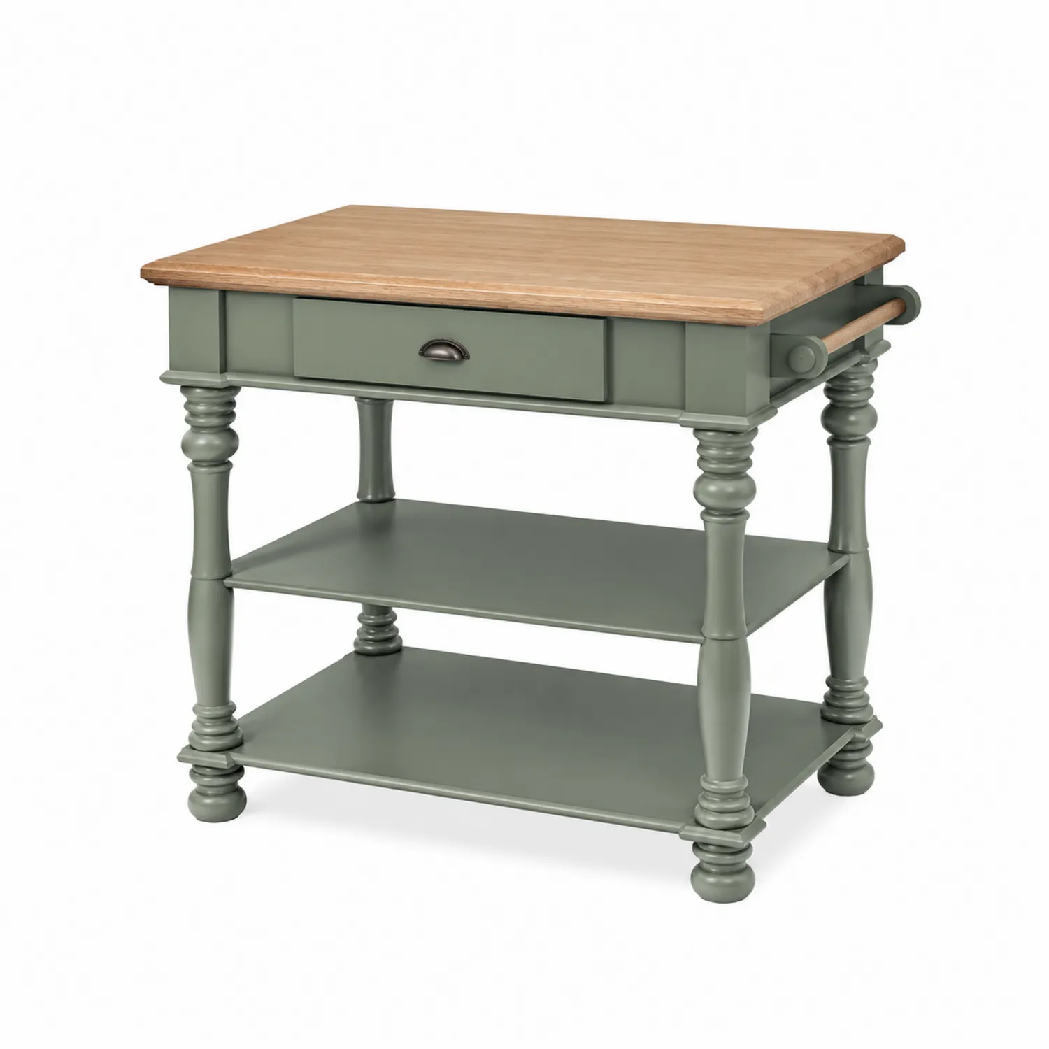 Isla de cocina de madera verde con encimera de roble