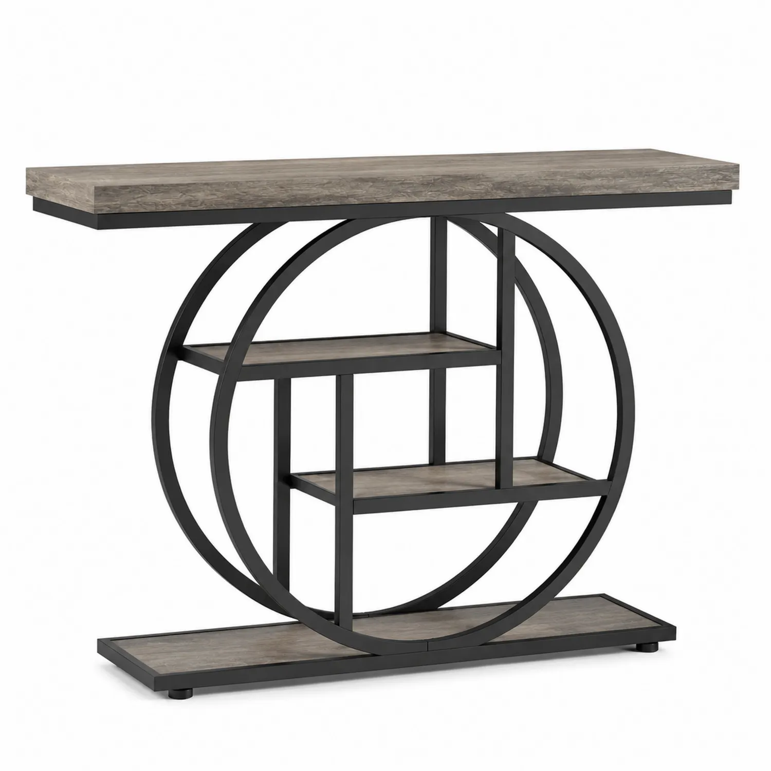 Mesa consola de madera y metal con diseño geométrico