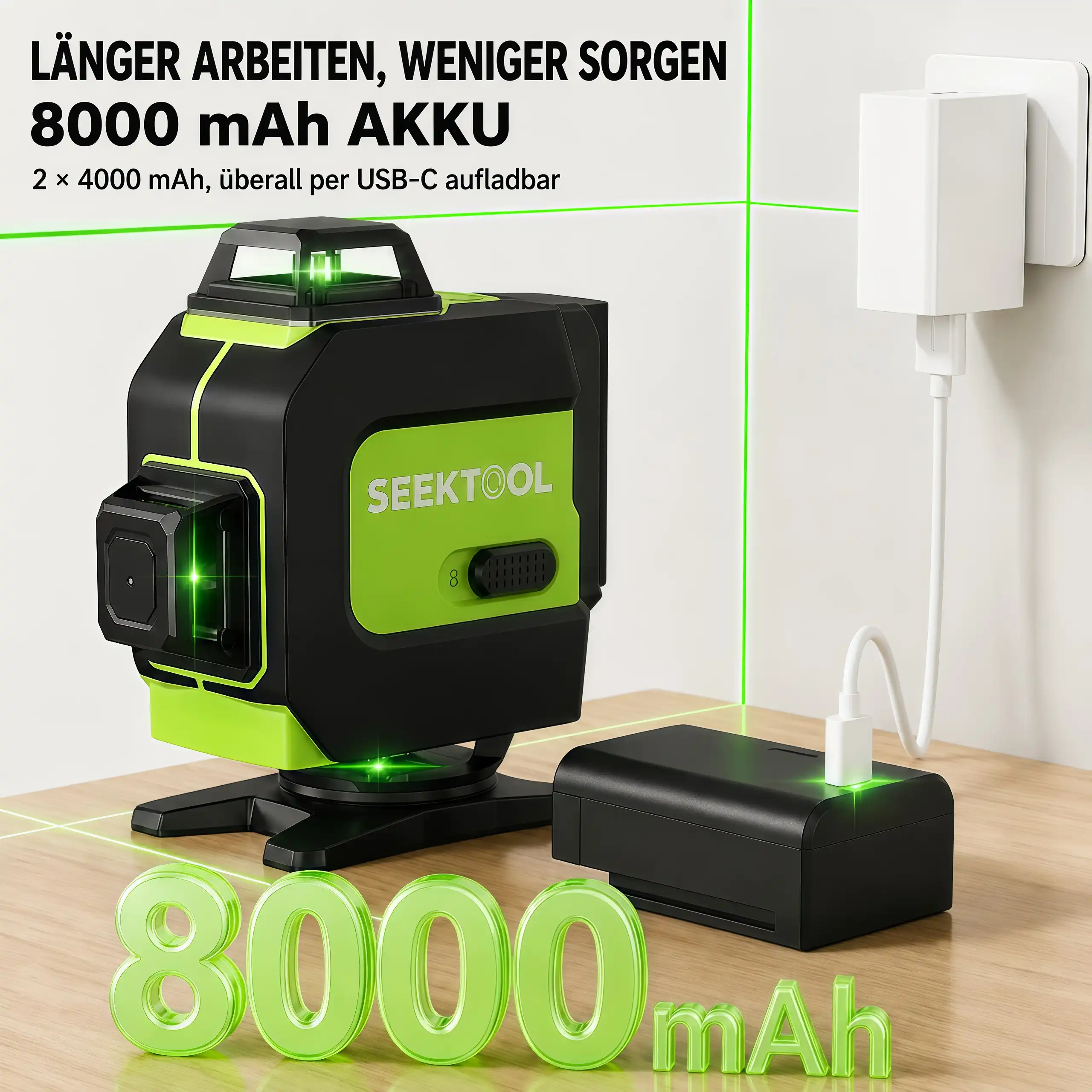SEEKTOOL LX360 Pro – 4 × 360° grüner Kreuzlinienlaser mit 16 Laserlinien