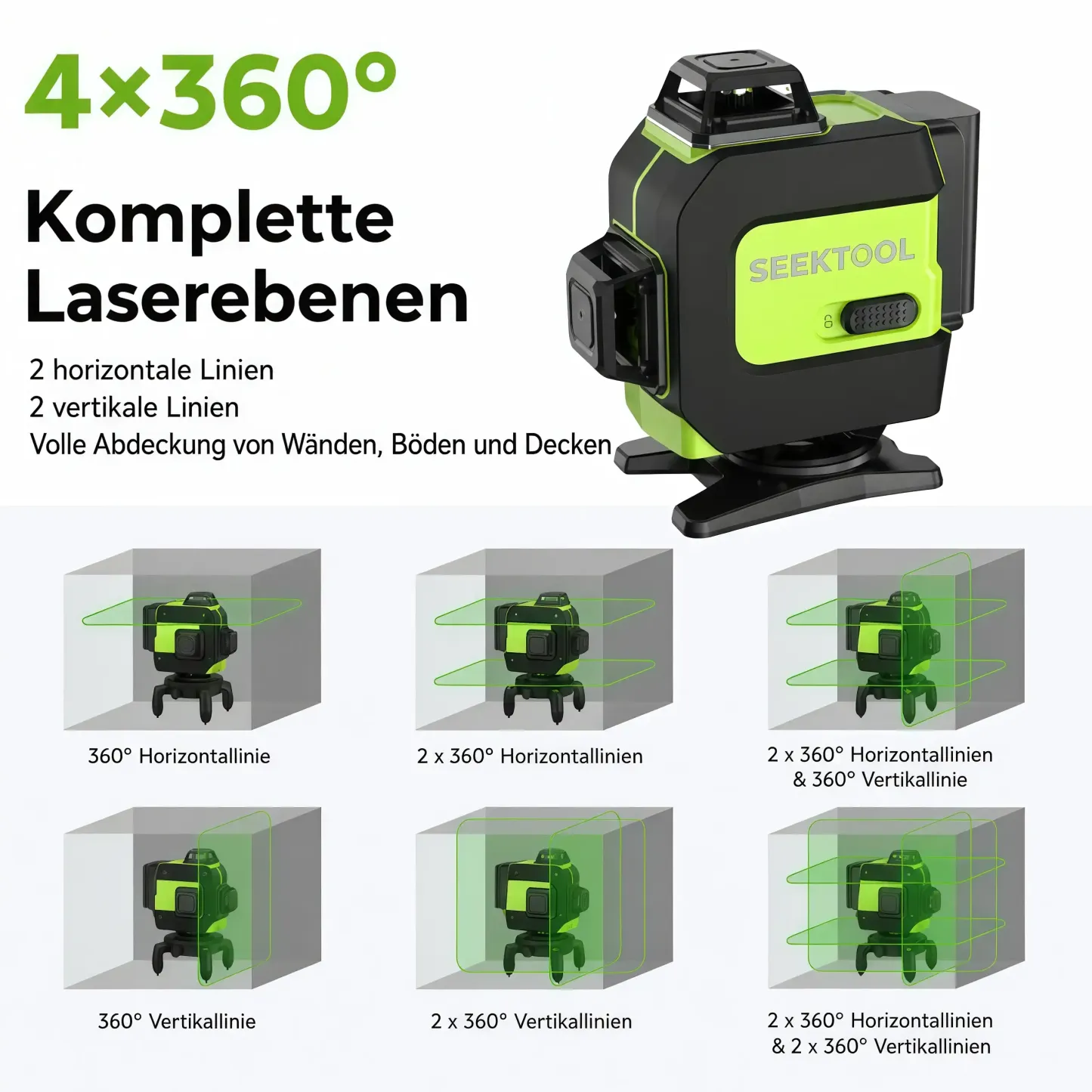 SEEKTOOL LX360 Pro – 4 × 360° grüner Kreuzlinienlaser mit 16 Laserlinien