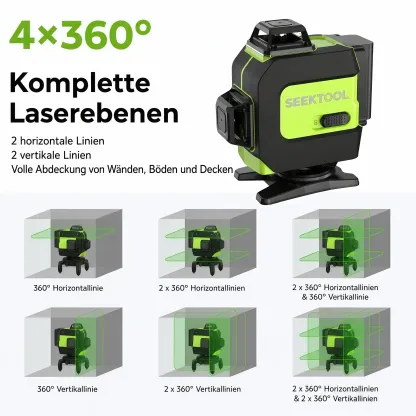 SEEKTOOL LX360 Pro – 4 × 360° grüner Kreuzlinienlaser mit 16 Laserlinien