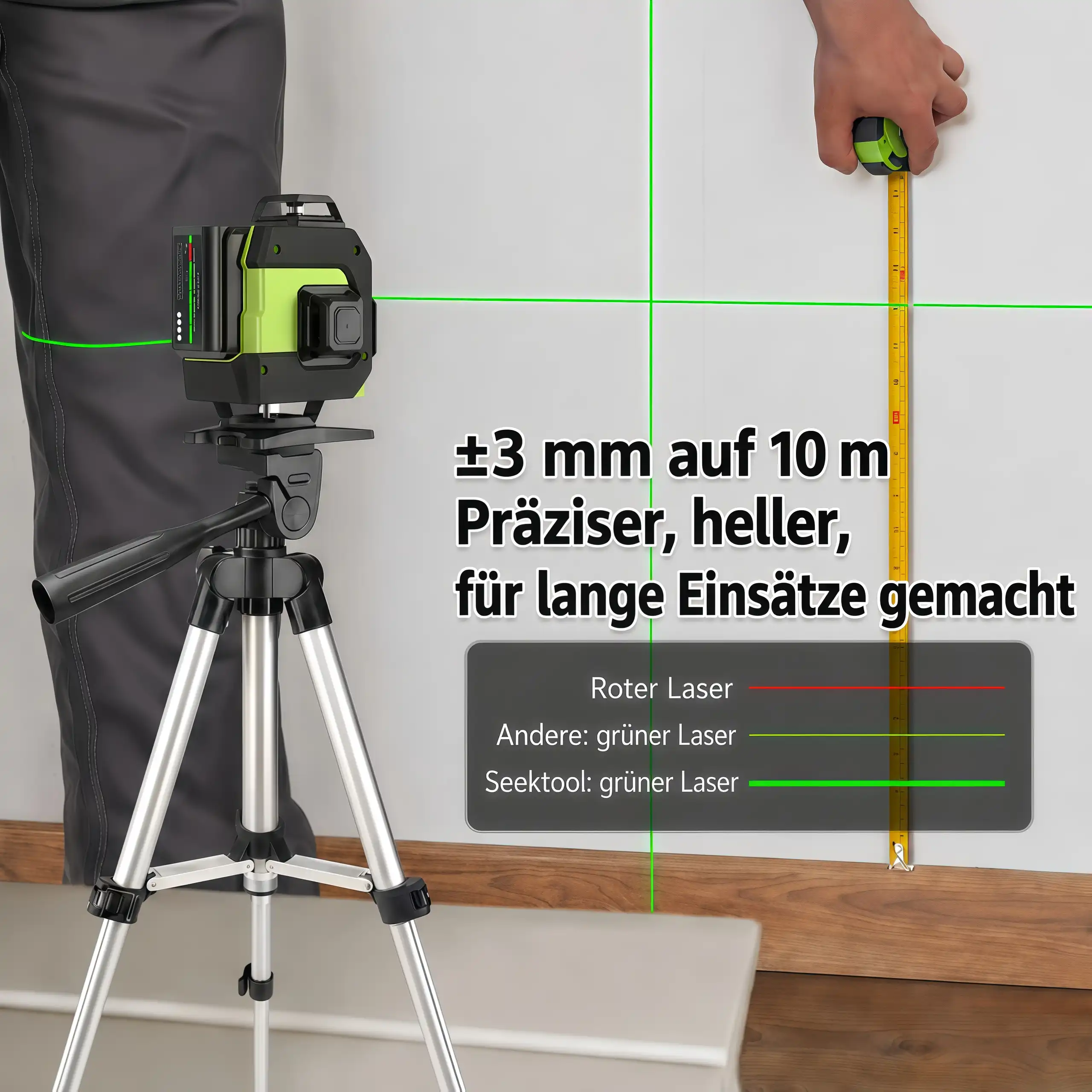 SEEKTOOL LX360 Pro – 4 × 360° grüner Kreuzlinienlaser mit 16 Laserlinien
