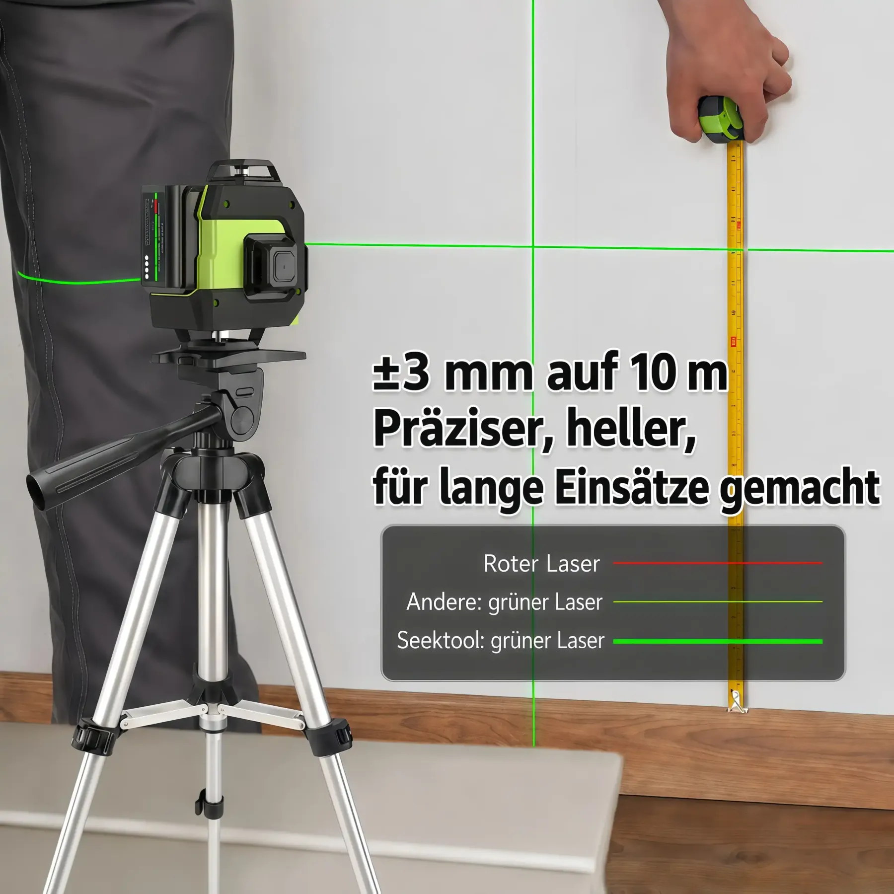 SEEKTOOL LX360 Pro – 4 × 360° grüner Kreuzlinienlaser mit 16 Laserlinien