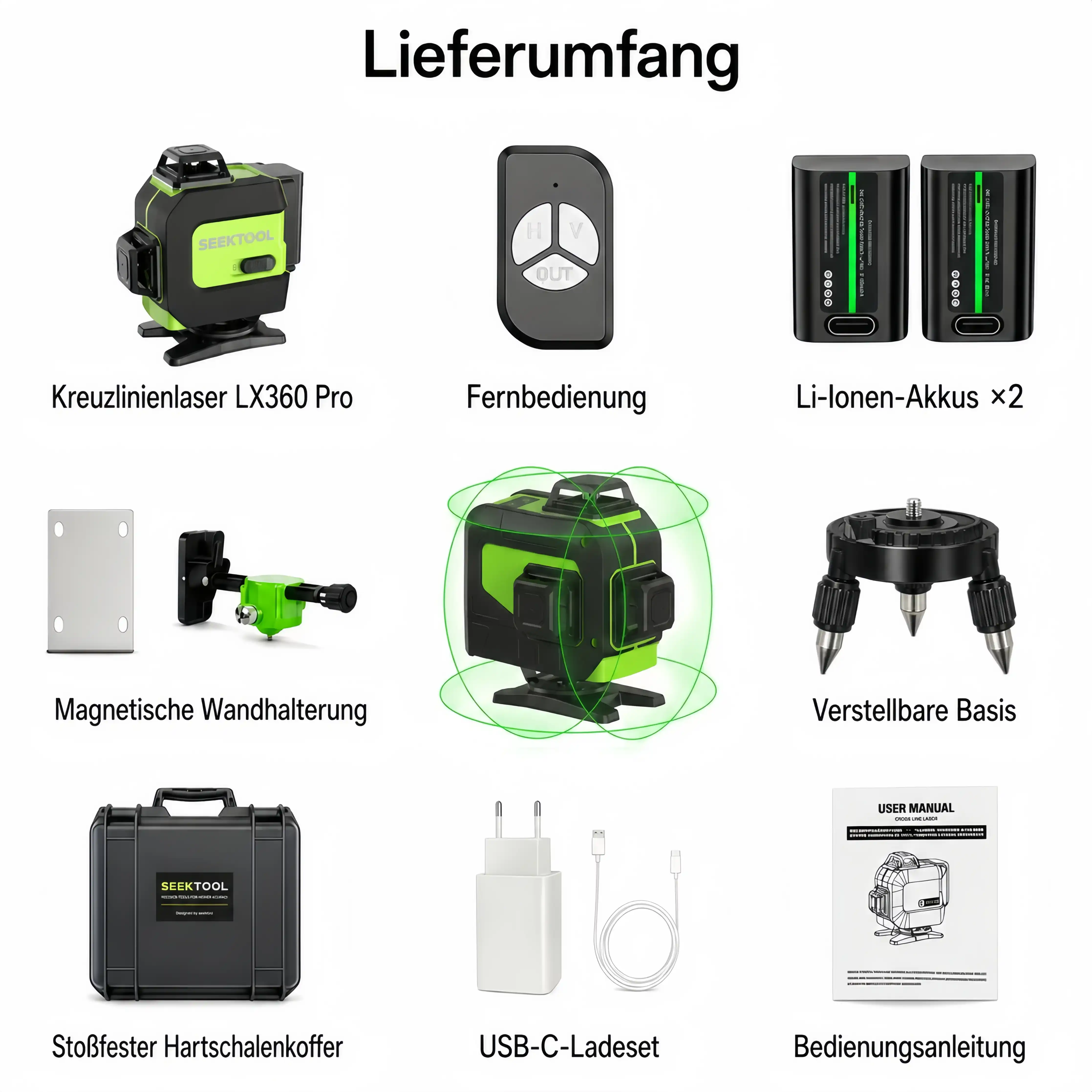 SEEKTOOL LX360 Pro – 4 × 360° grüner Kreuzlinienlaser mit 16 Laserlinien