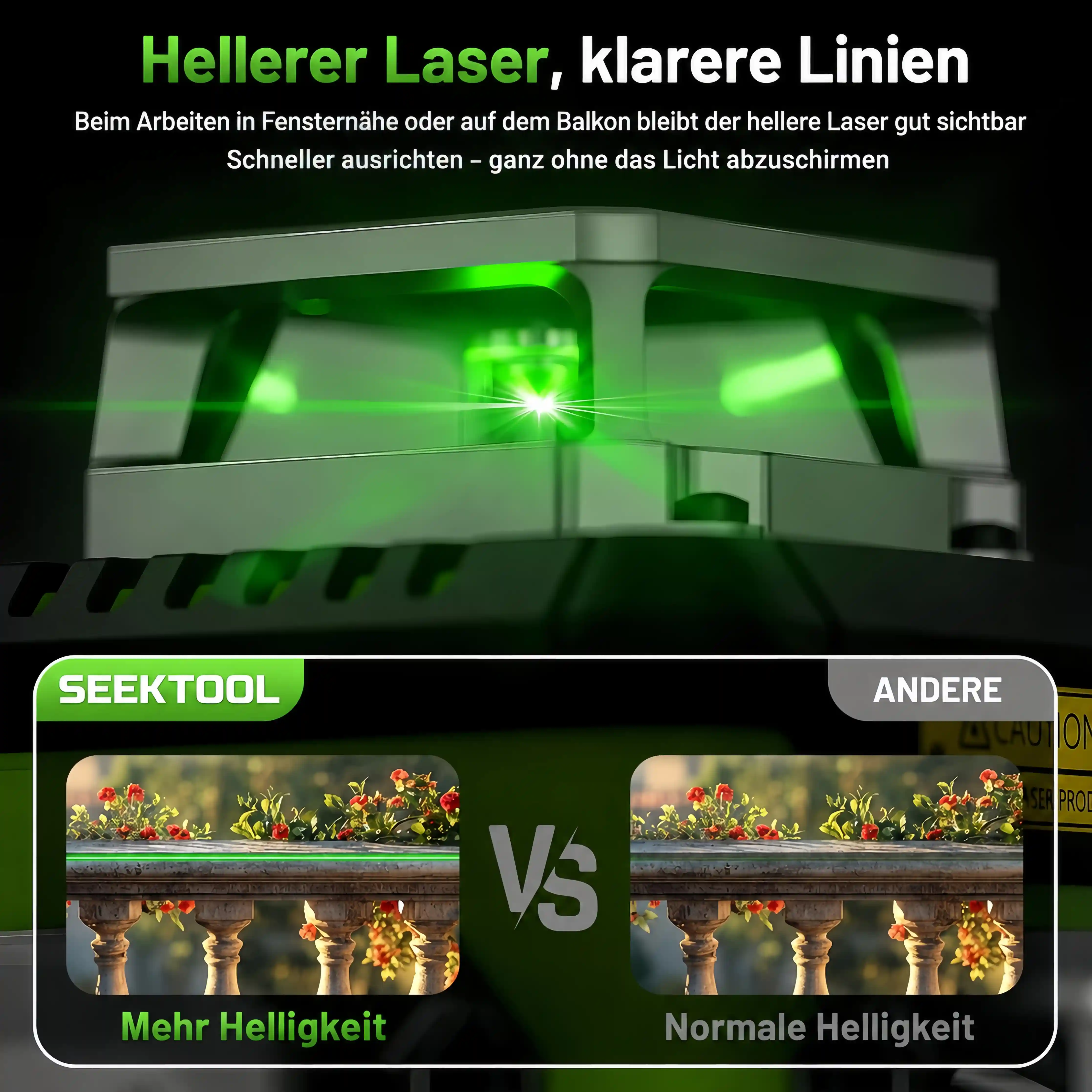 SEEKTOOL LX360 Pro – 4 × 360° grüner Kreuzlinienlaser mit 16 Laserlinien