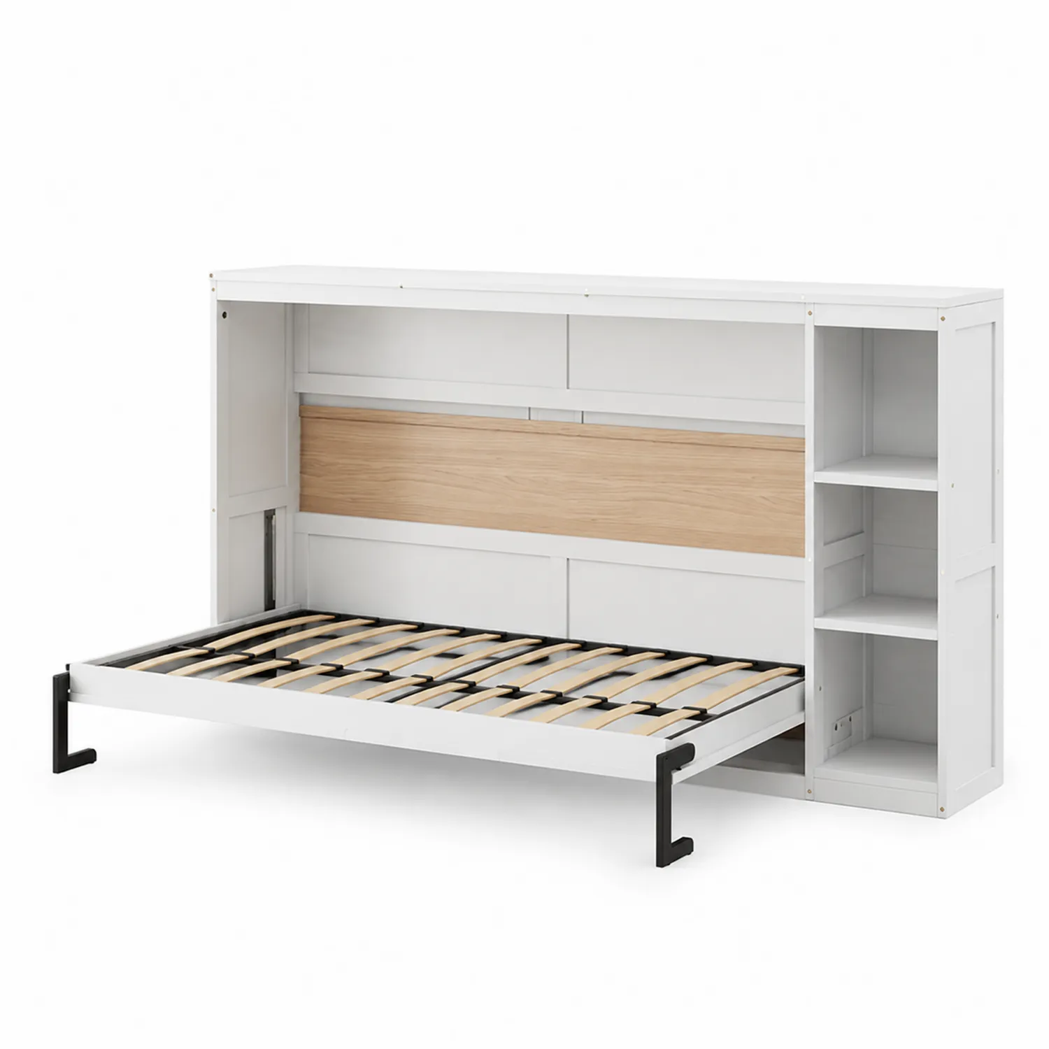 Lit escamotable avec étagères intégrées en bois et métal Blanc/Naturel 200x90 cm-Lumdilorin