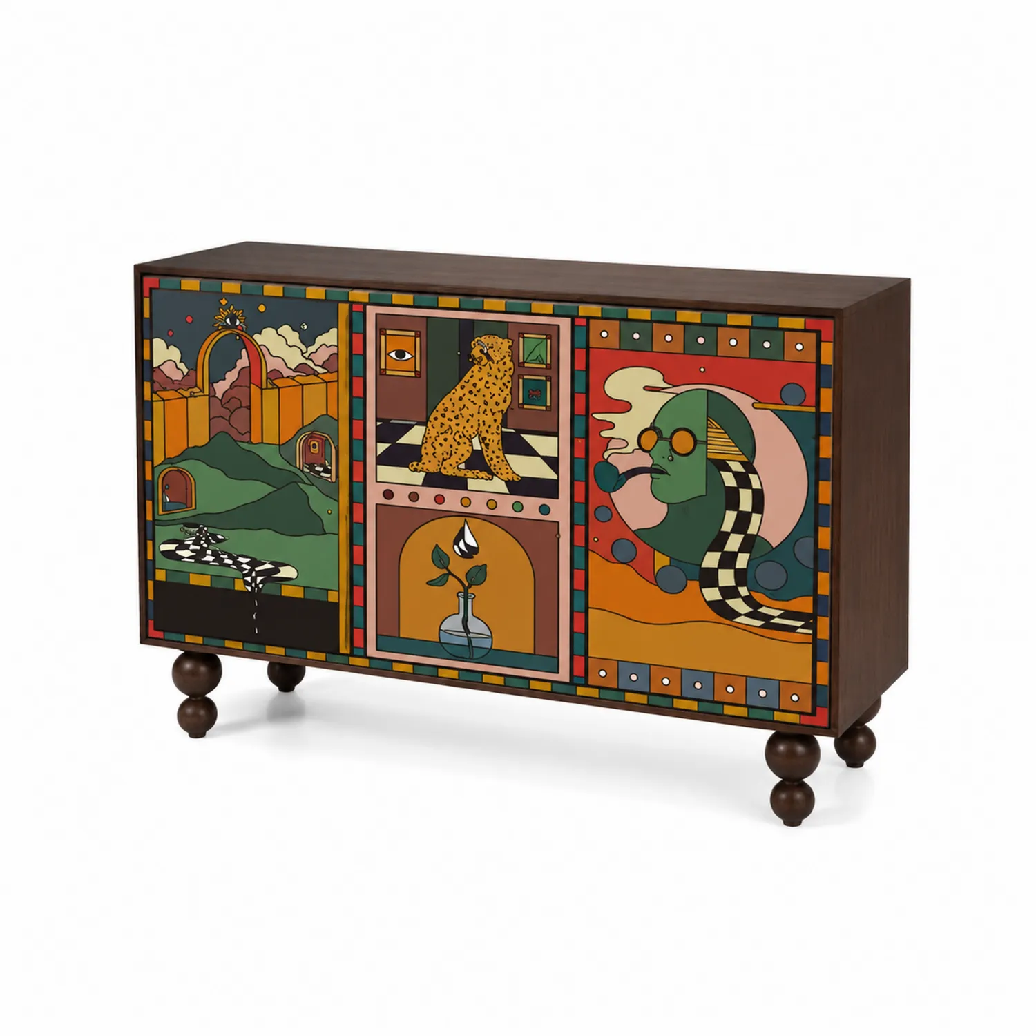 Buffet en bois avec motifs artistiques peints 120x45x80 cm-Lumdilorin