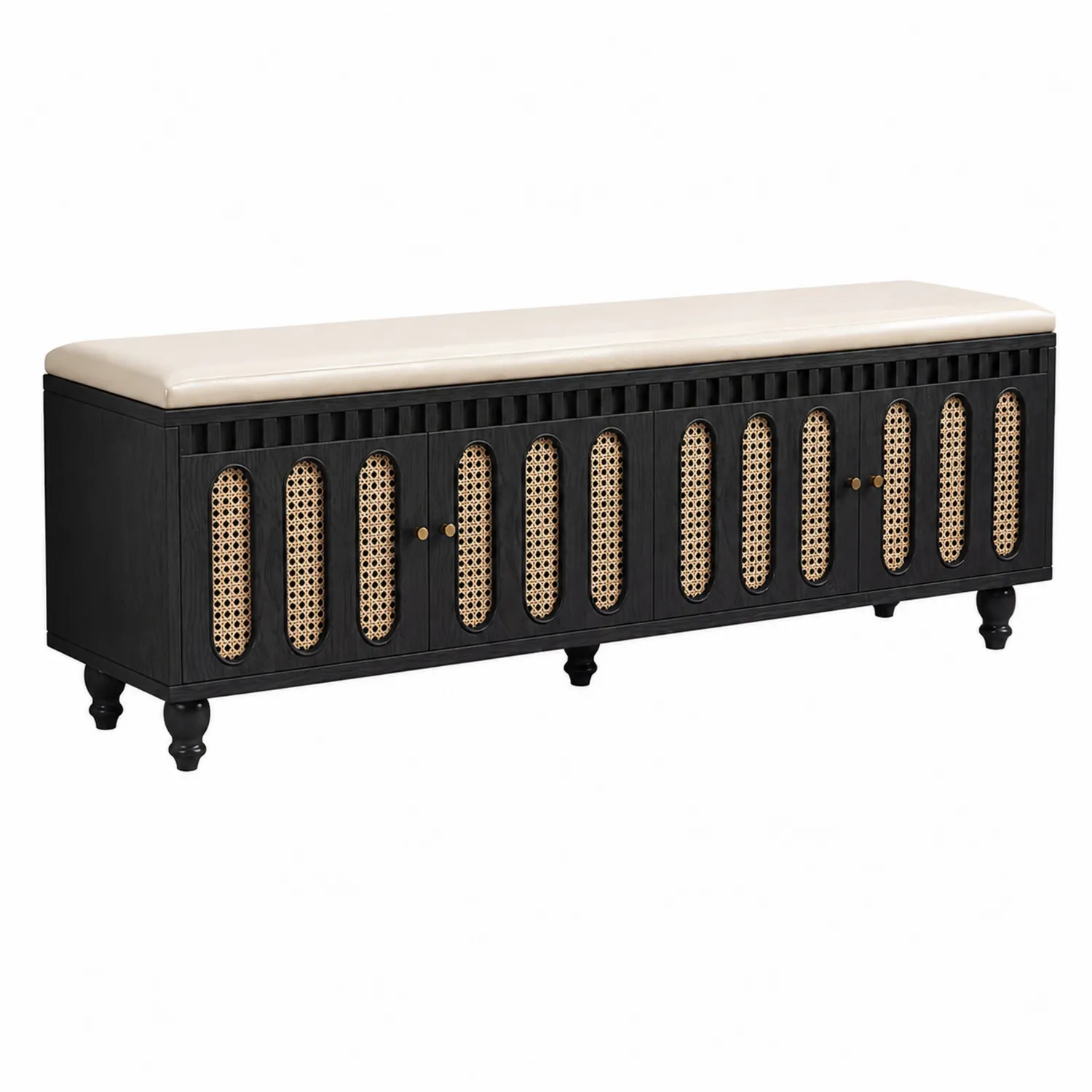 Banc de rangement en bois noir avec coussin en cuir synthétique beige-Lumdilorin