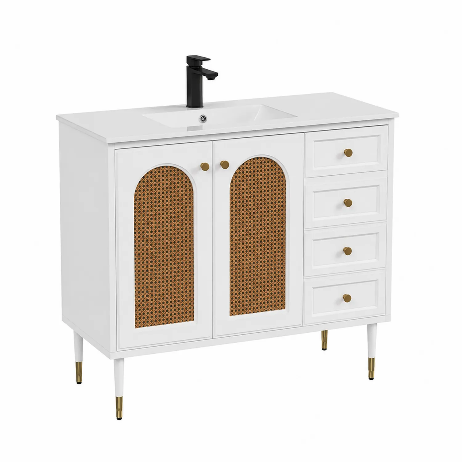 Meuble-lavabo en bois avec portes en rotin, 120 cm-Lumdilorin