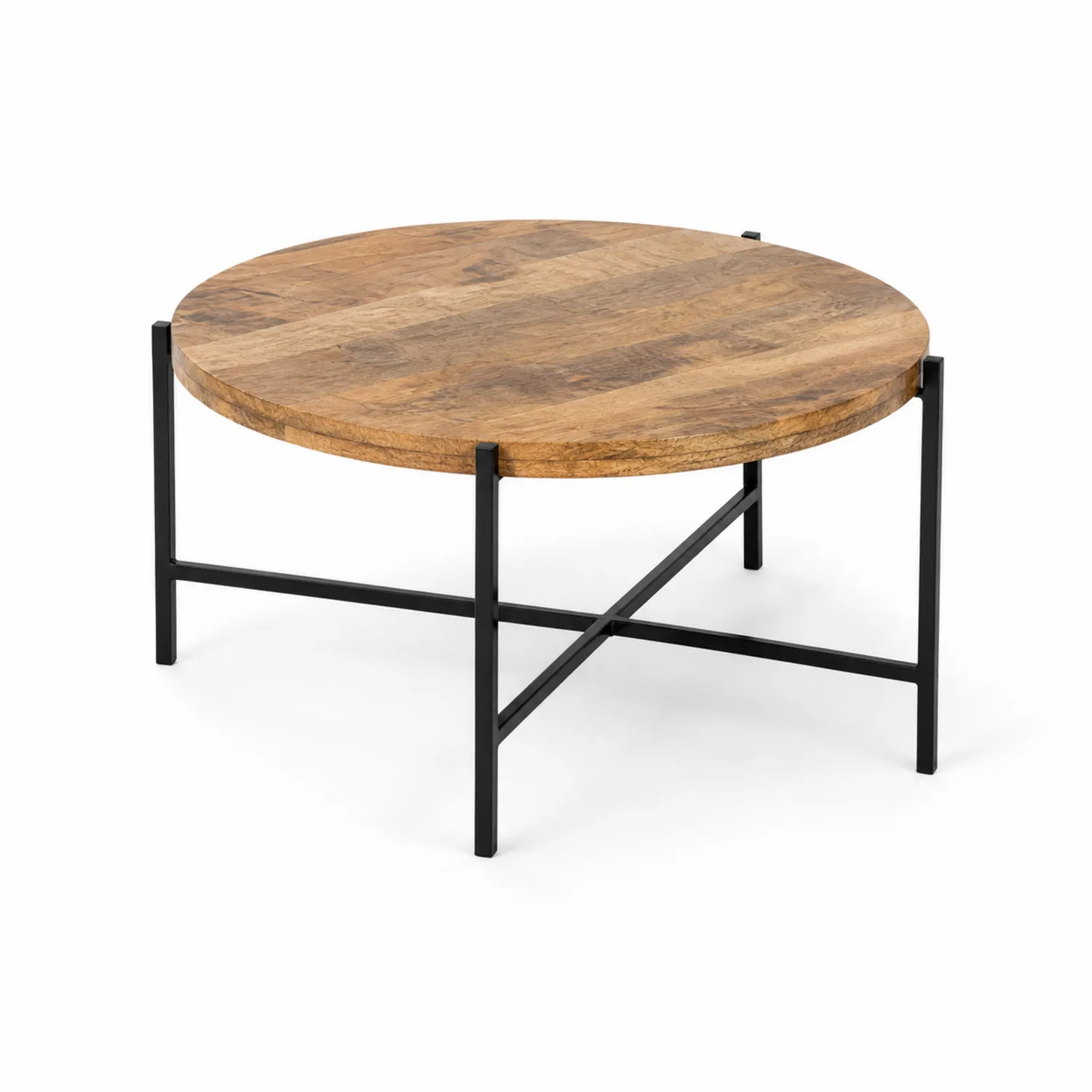 Table basse ronde en bois de manguier et métal noir-Lumdilorin