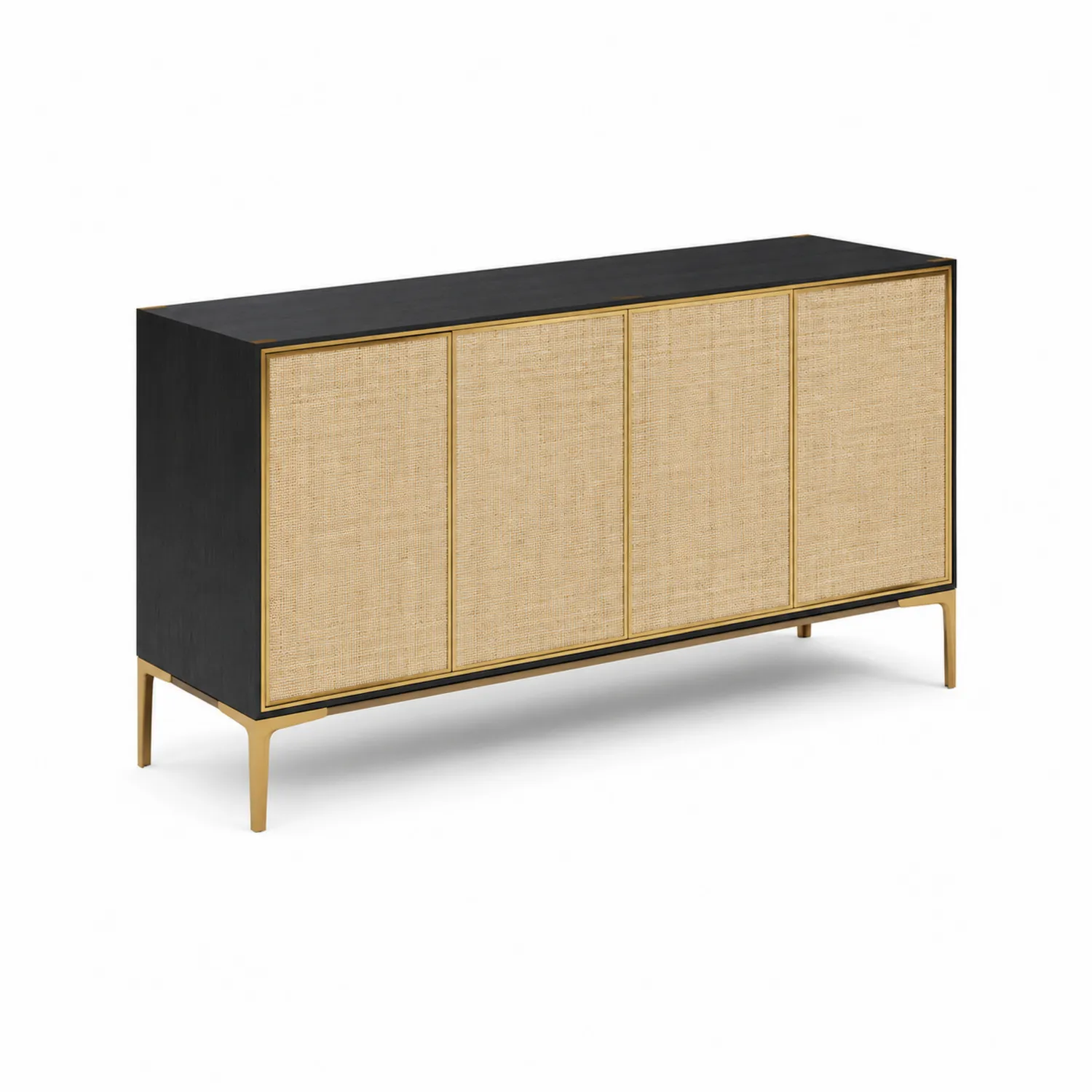 Buffet en bois et rotin 4 portes Noir et Beige-Lumdilorin