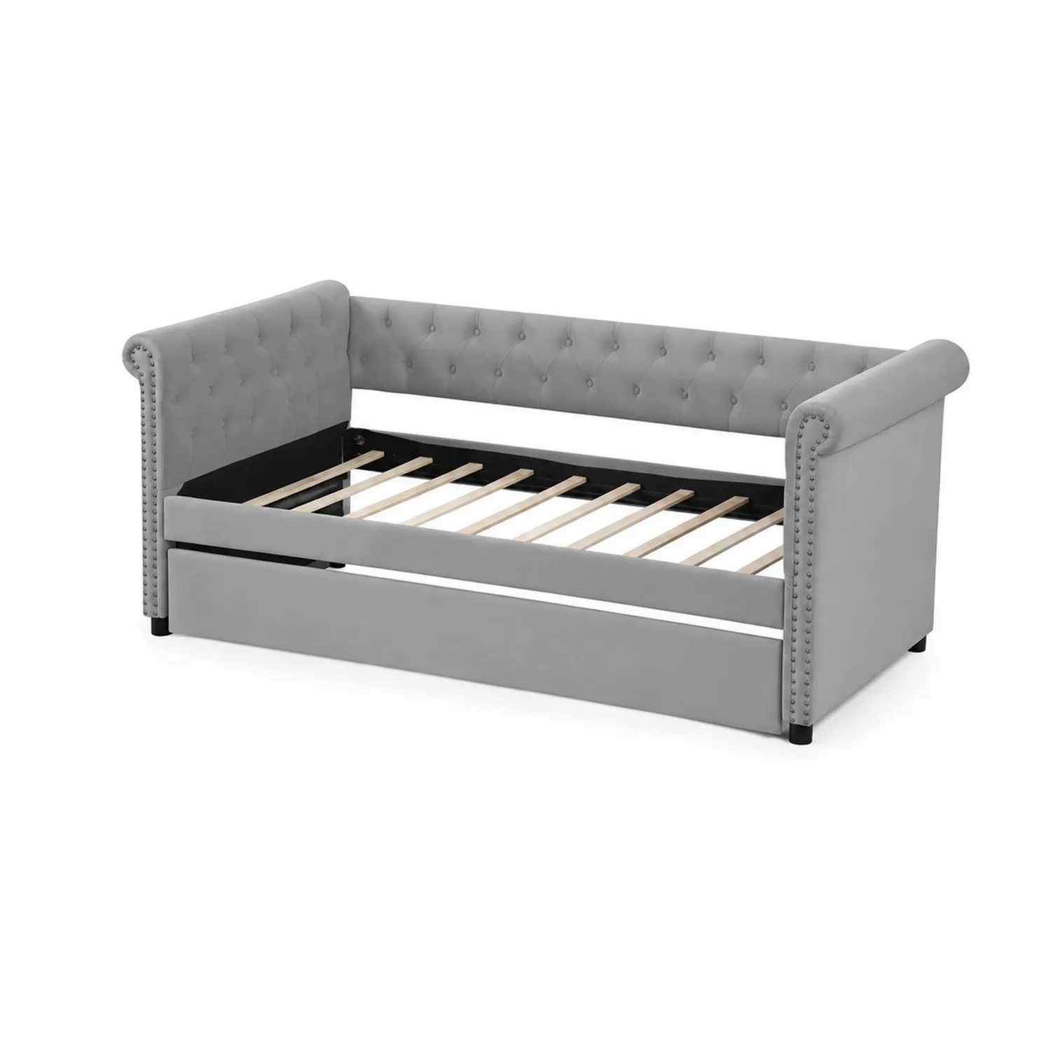 Lit de repos en bois et tissu gris clair avec sommier à lattes-Lumdilorin