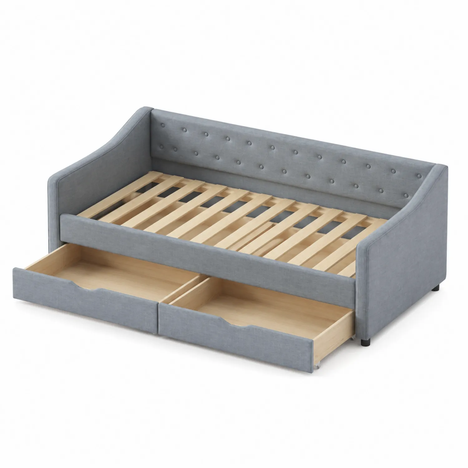 Lit en bois et tissu gris avec tiroirs 200x90 cm-Lumdilorin