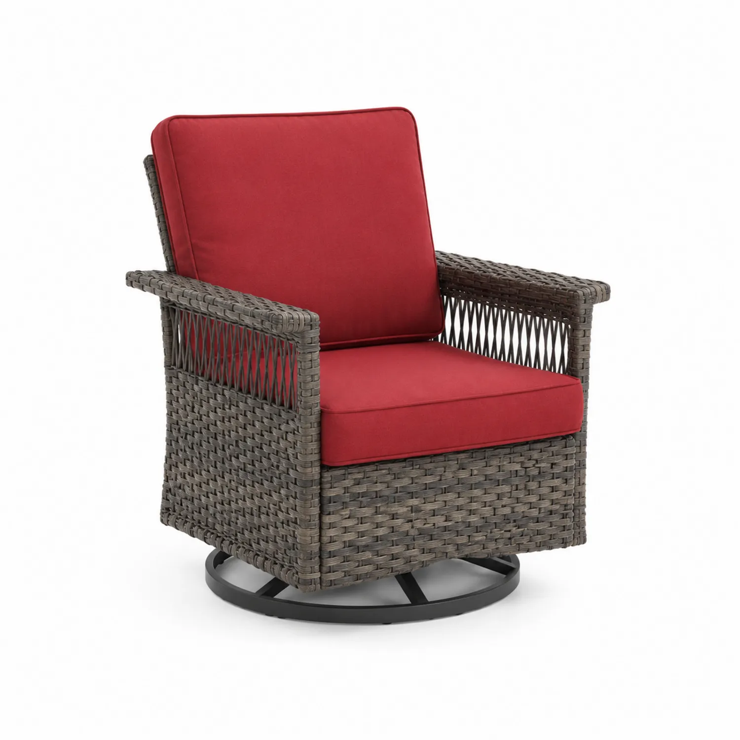 Chaise pivotante en osier synthétique avec coussins rouges-Lumdilorin