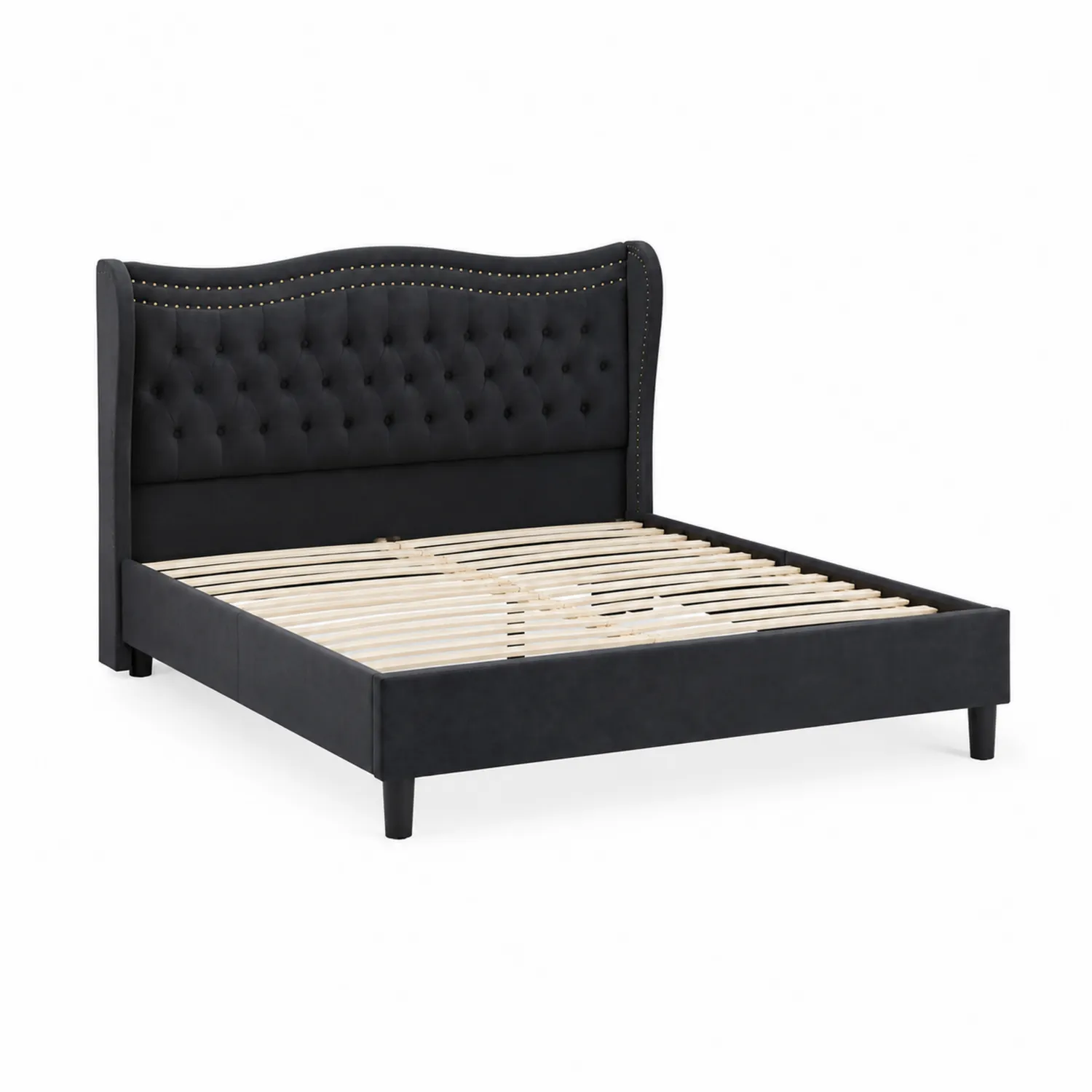 Lit double en métal et velours Noir avec tête de lit capitonnée 160x200 cm-Lumdilorin