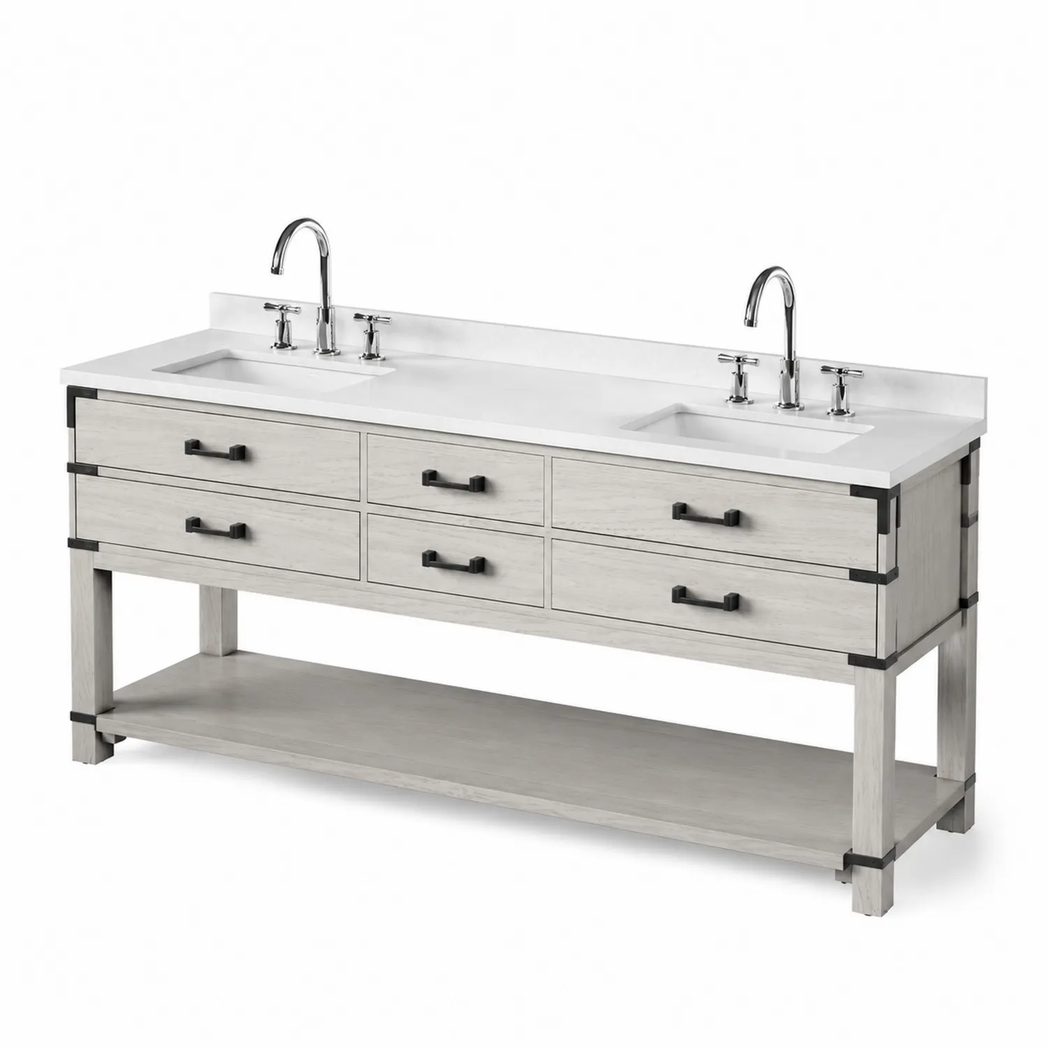 Meuble-lavabo double en bois avec plateau en quartz blanc et métal 152 cm-Lumdilorin
