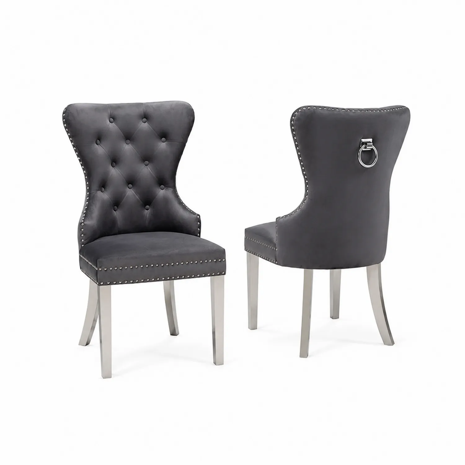 Chaise de salle à manger en velours avec dossier capitonné et pieds en métal, Gris-Lumdilorin