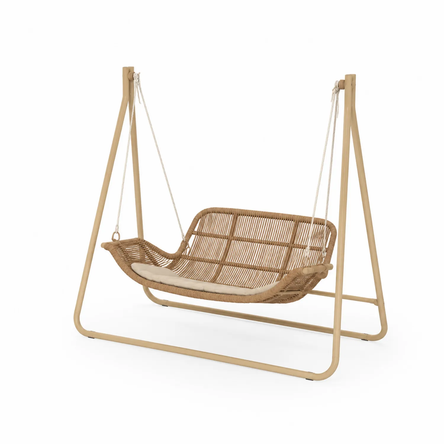 Balançoire d'extérieur en rotin synthétique avec coussin beige et cadre en métal-Lumdilorin