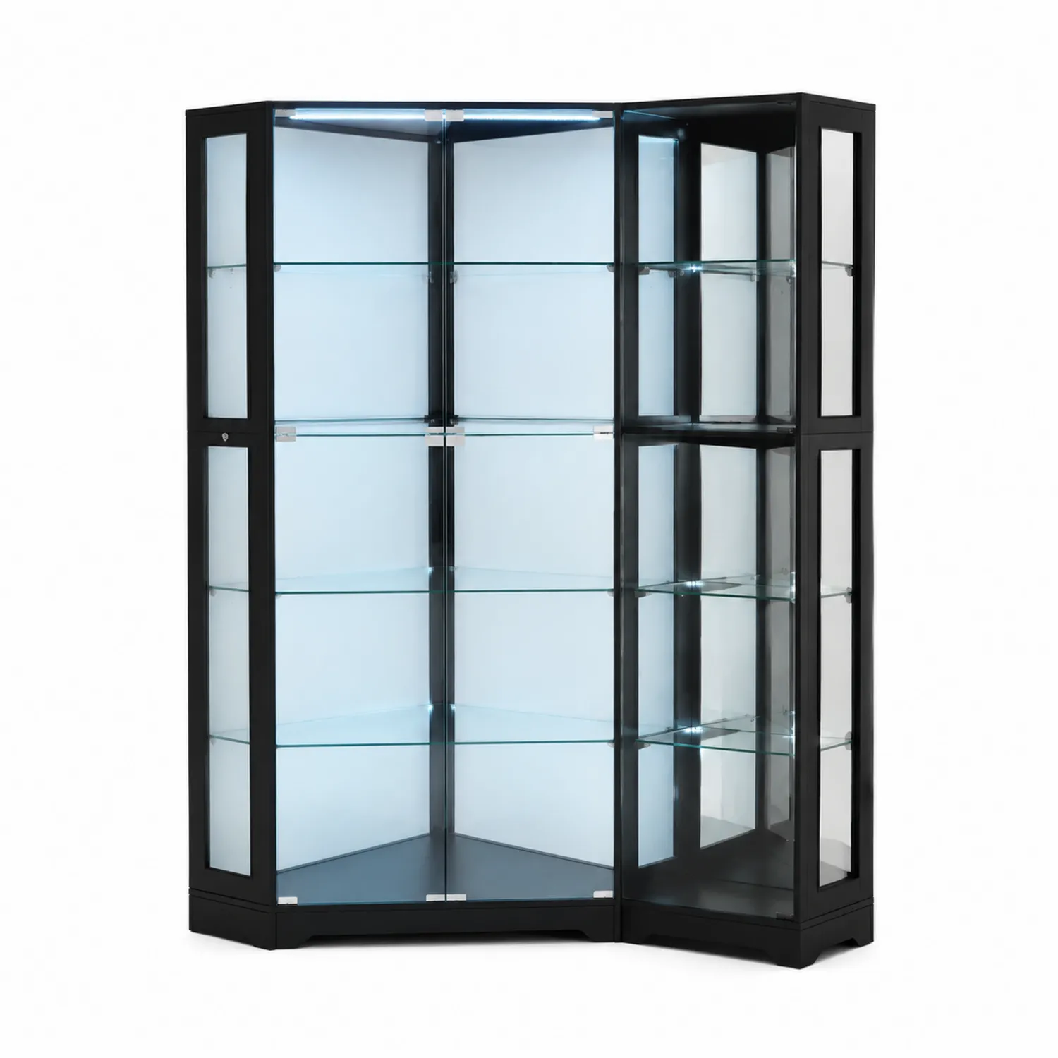 Vitrine d'angle en verre trempé avec éclairage LED et cadre en métal noir-Lumdilorin