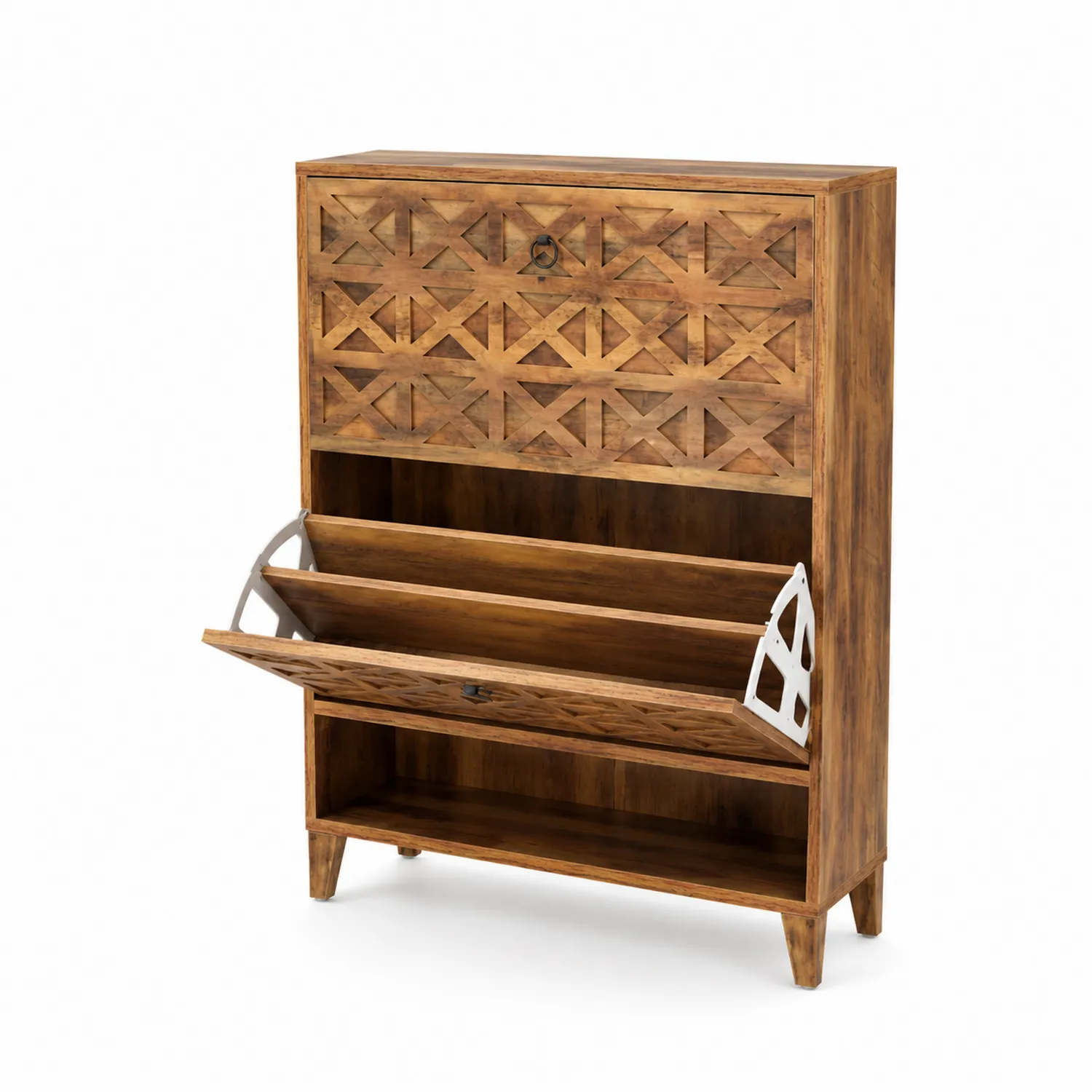 Armoire à chaussures en bois avec motif géométrique, Marron clair-Lumdilorin