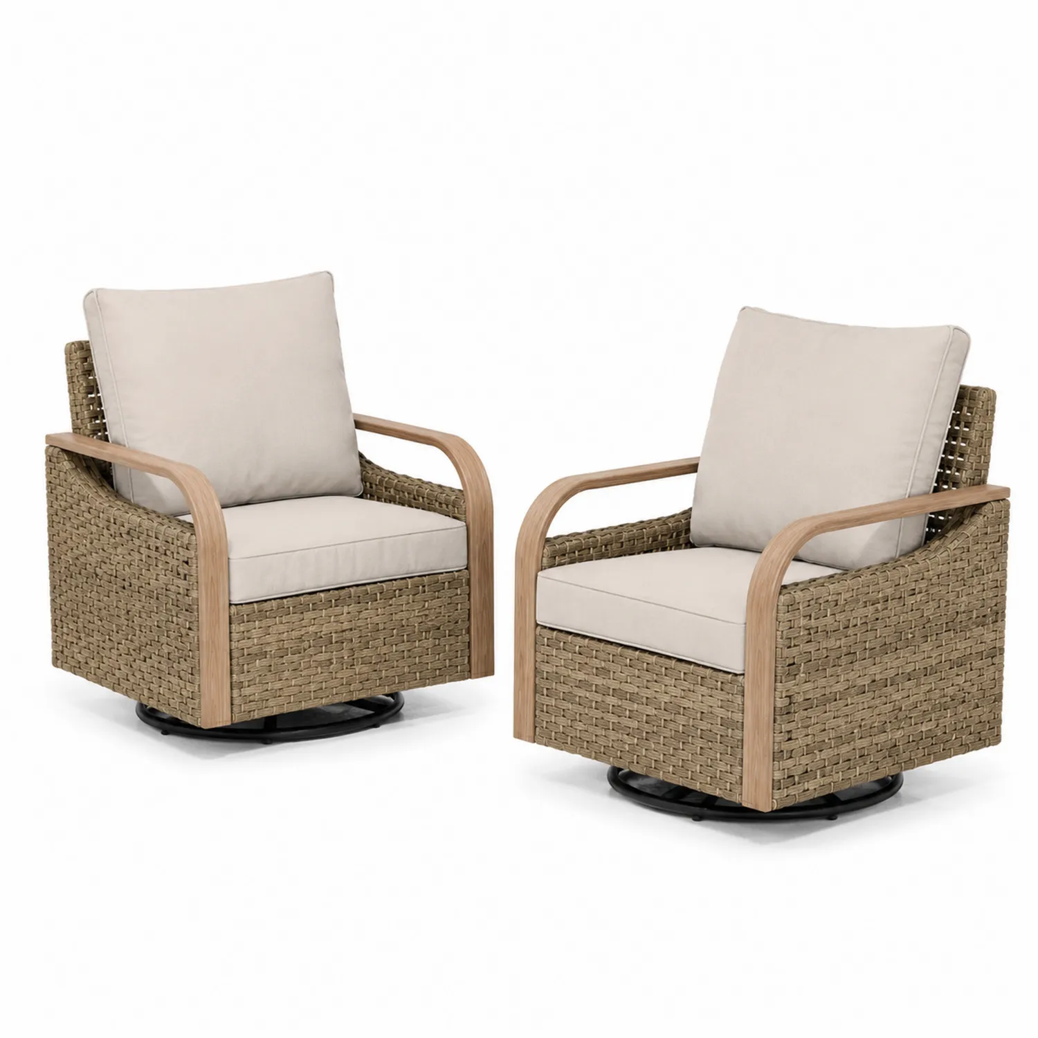 Lot de 2 fauteuils pivotants en osier avec coussins en tissu crème-Lumdilorin